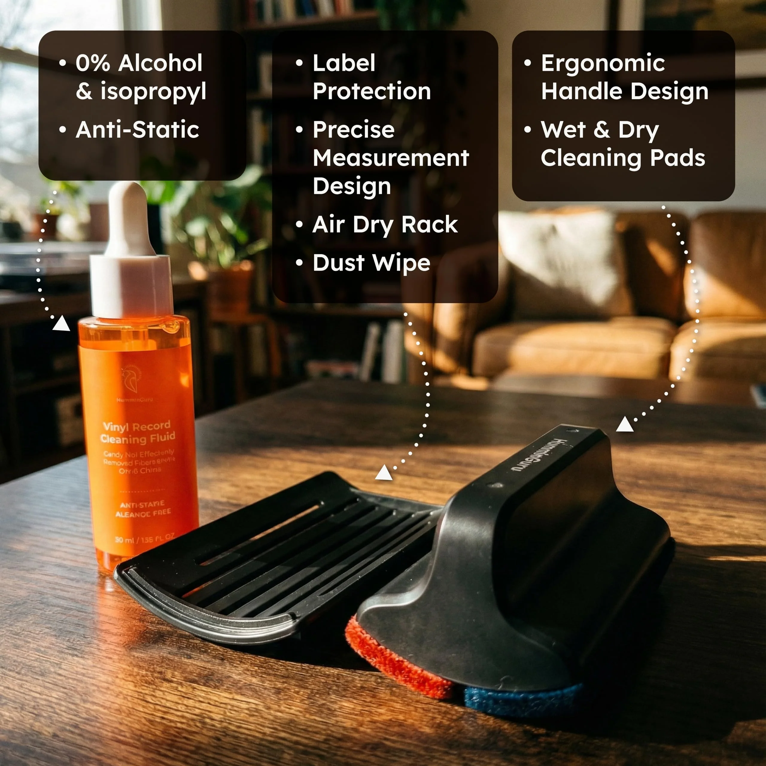 HumminGuru I-Brush Vinyl Record Cleaning Kit, Anti-Static Vinyl Record Cleaner Kit with Dual Velvet Pads Vinyl Record Brush + Alcohol-Free Record Cleaning Solution + LP Brush Holder (Orange: I-Brush) Orange: I-brush - Image 5