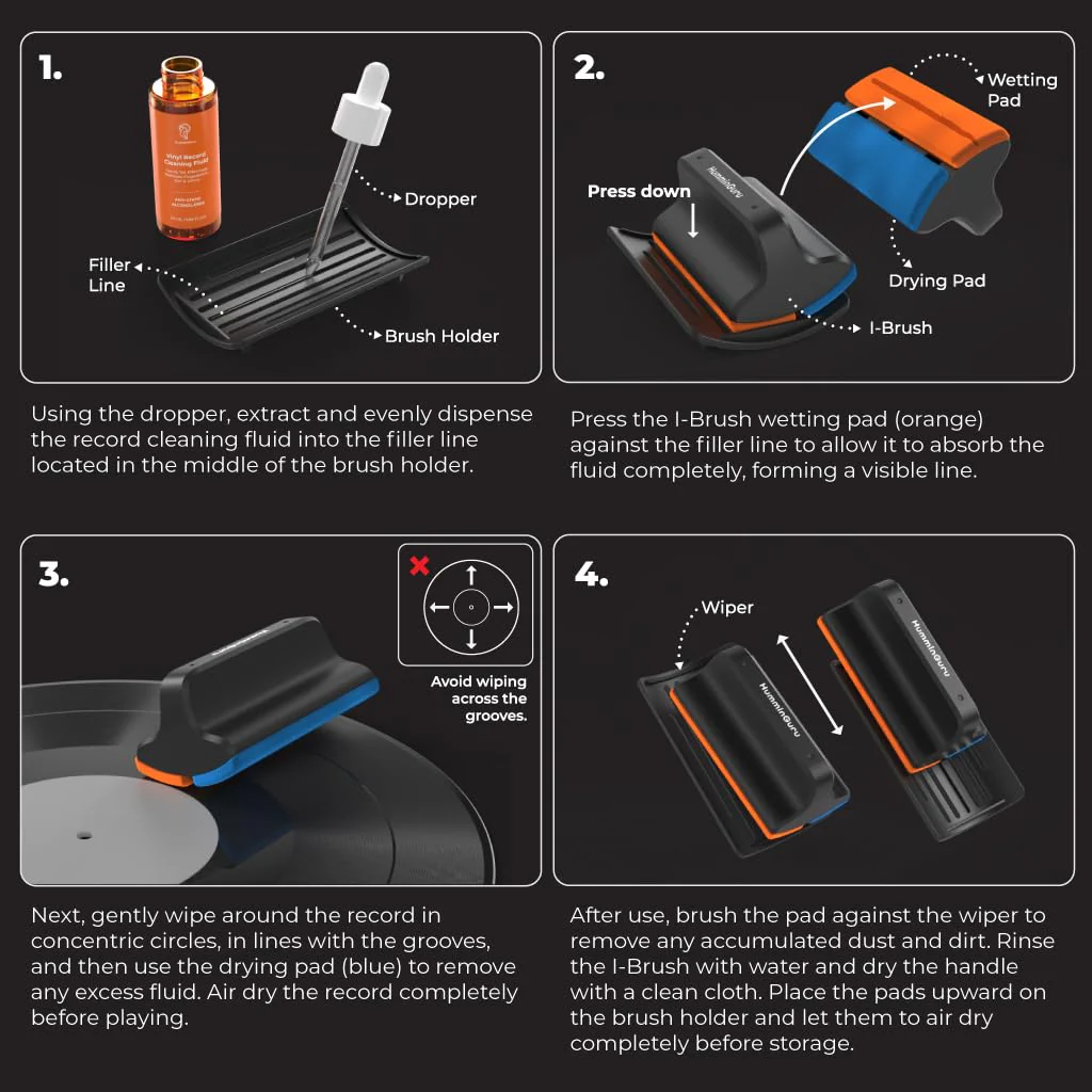 HumminGuru I-Brush Vinyl Record Cleaning Kit, Anti-Static Vinyl Record Cleaner Kit with Dual Velvet Pads Vinyl Record Brush + Alcohol-Free Record Cleaning Solution + LP Brush Holder (Orange: I-Brush) Orange: I-brush - Image 7