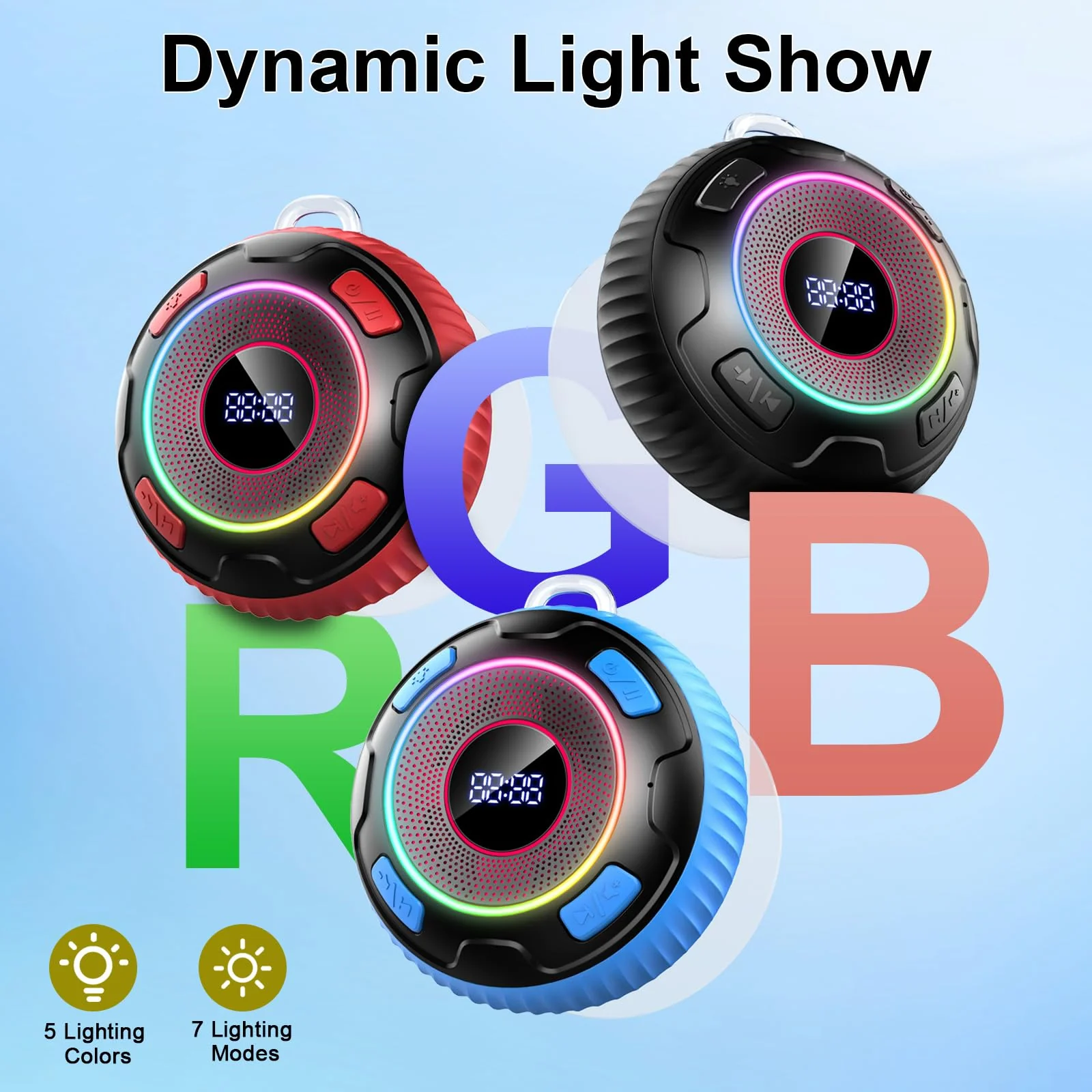 Hupoaf Bluetooth Shower Speaker, Bluetooth Speaker 5.3, 6D Sound, Portable Speaker with Suction Cup/Hook, IPX7 Waterproof, with LED Light/Time Display, for Outdoor/Party/Bathroom//Kayak/Gift Black - Image 6
