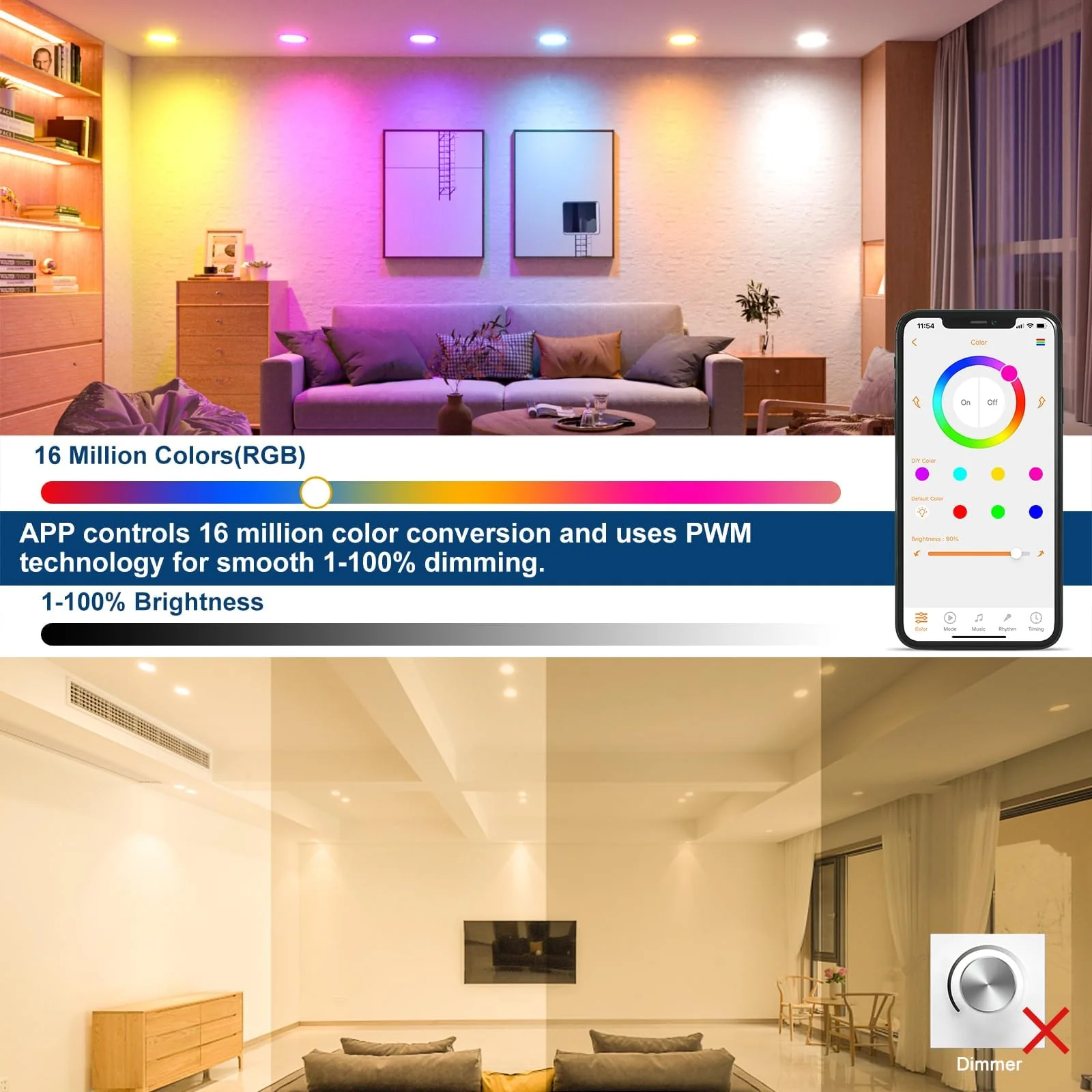 HYDONG Smart LED Recessed Spotlight, Flat 8 W LED Spotlights, 230 V, IP44 Bathroom Recessed Lights, 68 mm, Compatible with Alexa, Warm White & RGB Bluetooth Ceiling Spotlights, Colour Changing for Red / Green / Blue - Image 4