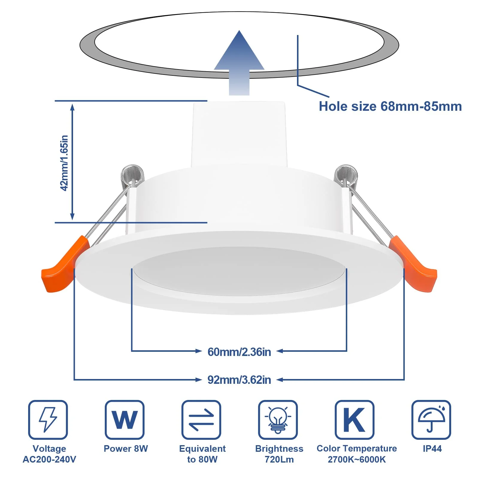 HYDONG Smart LED Recessed Spotlight, Flat 8 W LED Spotlights, 230 V, IP44 Bathroom Recessed Lights, 68 mm, Compatible with Alexa, Warm White & RGB Bluetooth Ceiling Spotlights, Colour Changing for Red / Green / Blue - Image 8