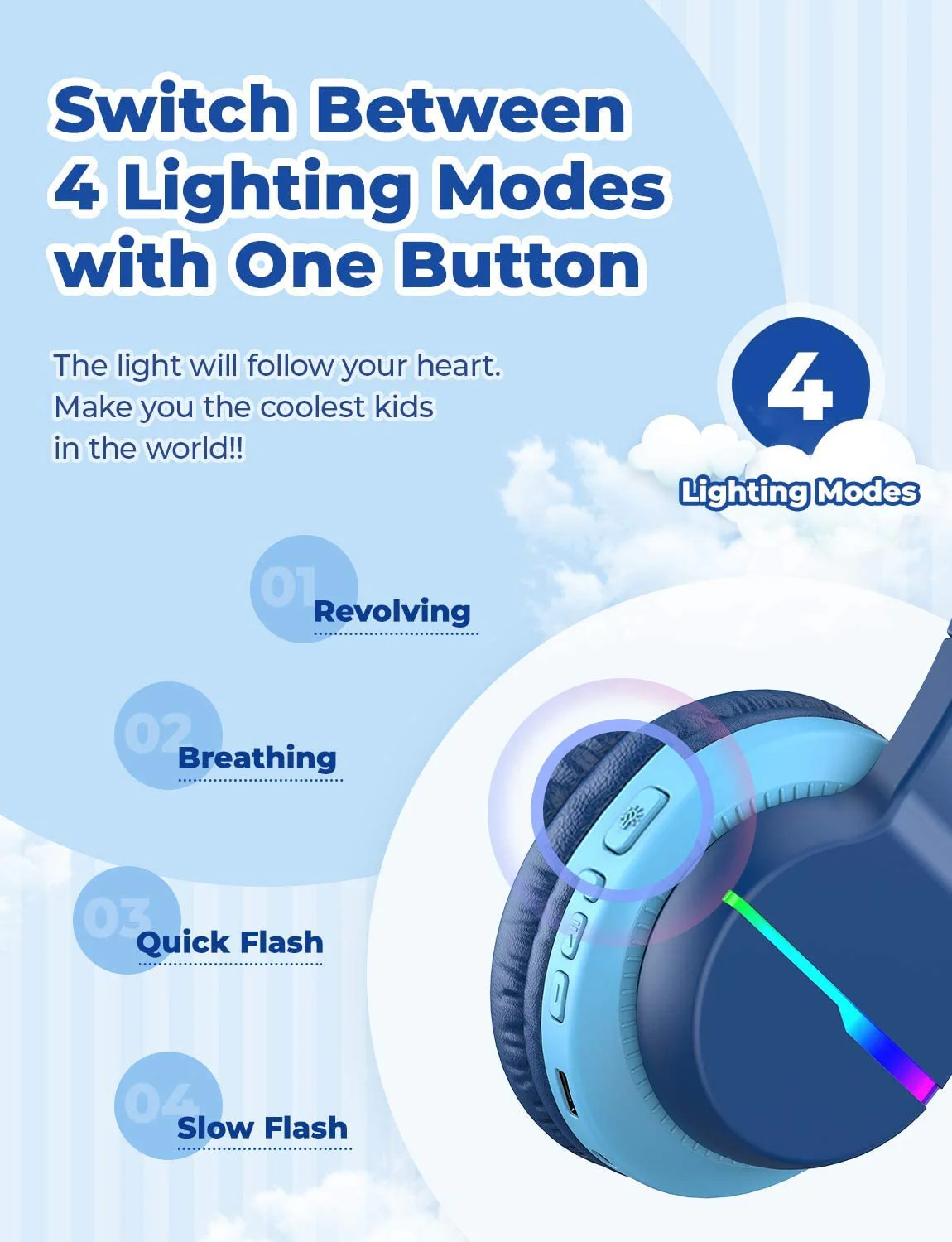 iClever BTH12 Kids Bluetooth Headphones,Colorful LED Lights Wireless Kids Headphones,74/85dBA Safe Volume,85H Playtime,Bluetooth 5.2,Over Ear Headphones Built-in Mic for iPad/Tablet/Airplane,Blue Blue - Image 2