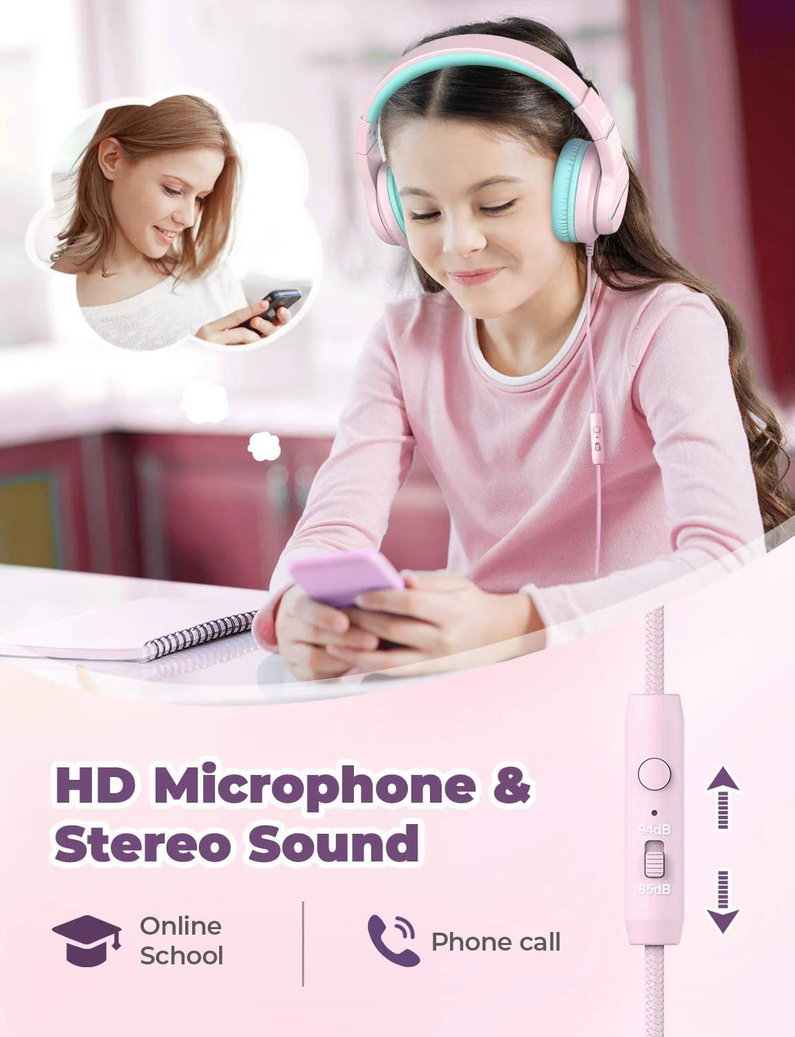 iClever HS19 Kids Headphones with Microphone for School, Volume Limiter 85/94dB, Over-Ear Girls Boys Headphones for Kids with Shareport, Foldable Wired Headphones for iPad/Travel (Pink) Pink M - Image 2