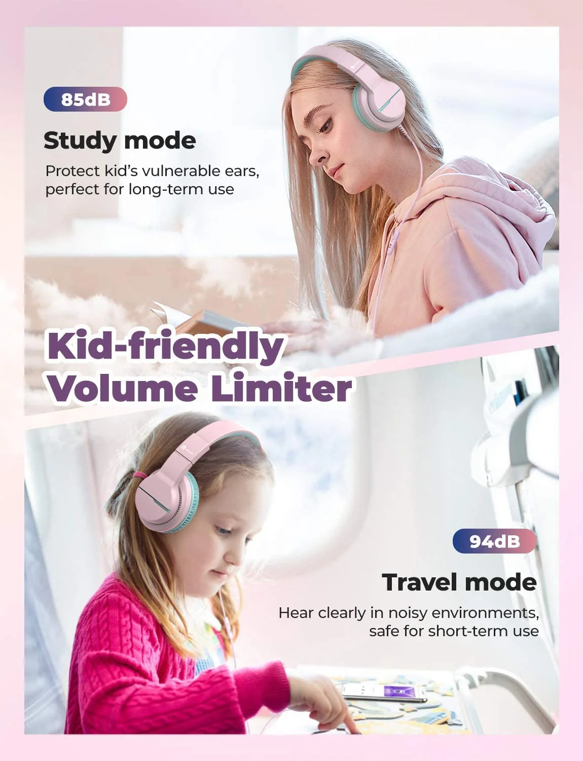 iClever HS19 Kids Headphones with Microphone for School, Volume Limiter 85/94dB, Over-Ear Girls Boys Headphones for Kids with Shareport, Foldable Wired Headphones for iPad/Travel (Pink) Pink M - Image 3