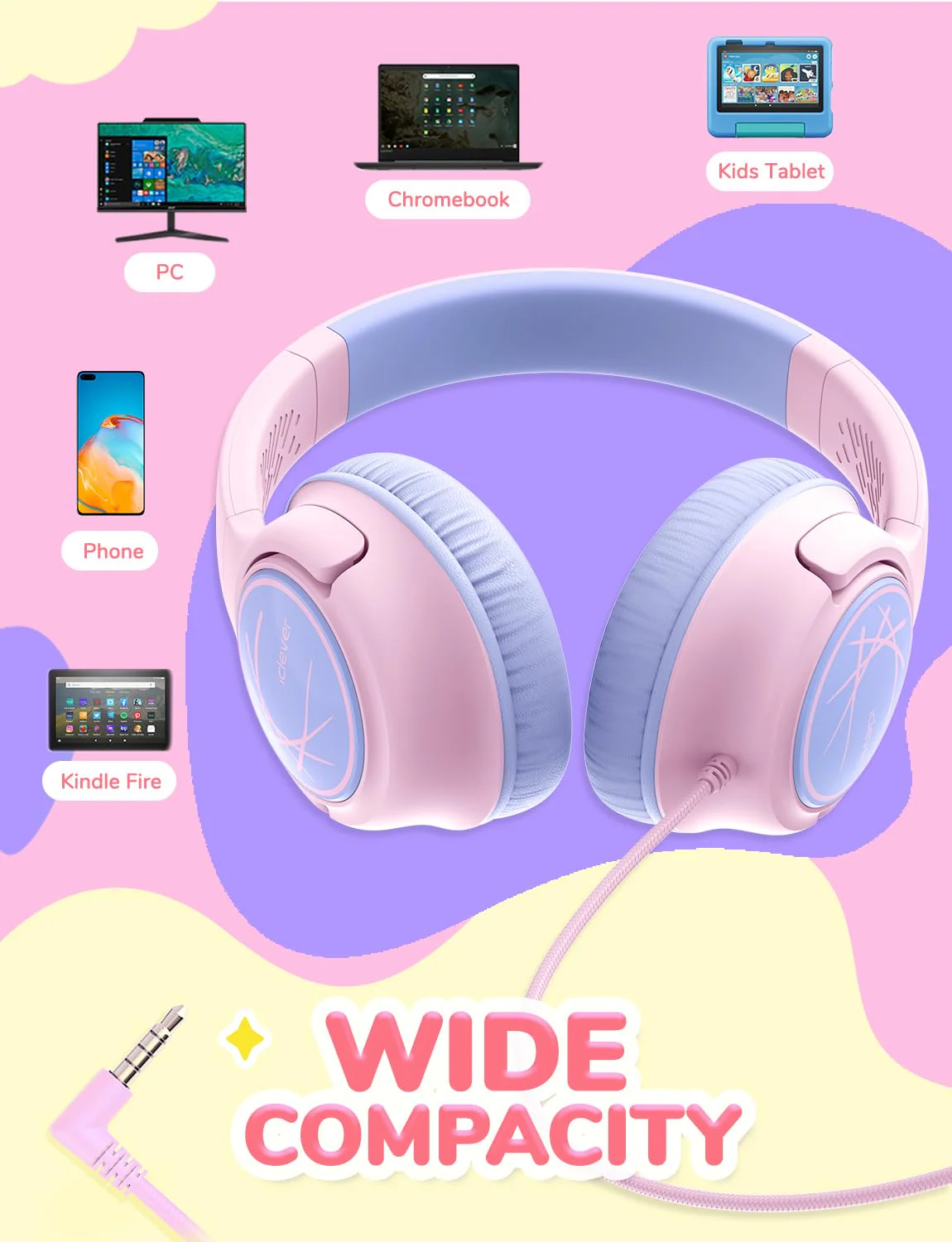 iClever Kids Headphones with Cord, 85dBA Safe Volume Wired Headphones for Kids, Stereo Sound Foldable Adjustable, 3.5mm Jack, Over Ear Kids Headphones for School/Boys/Girls/iPad/Tablet/Travel, Pink - Image 7