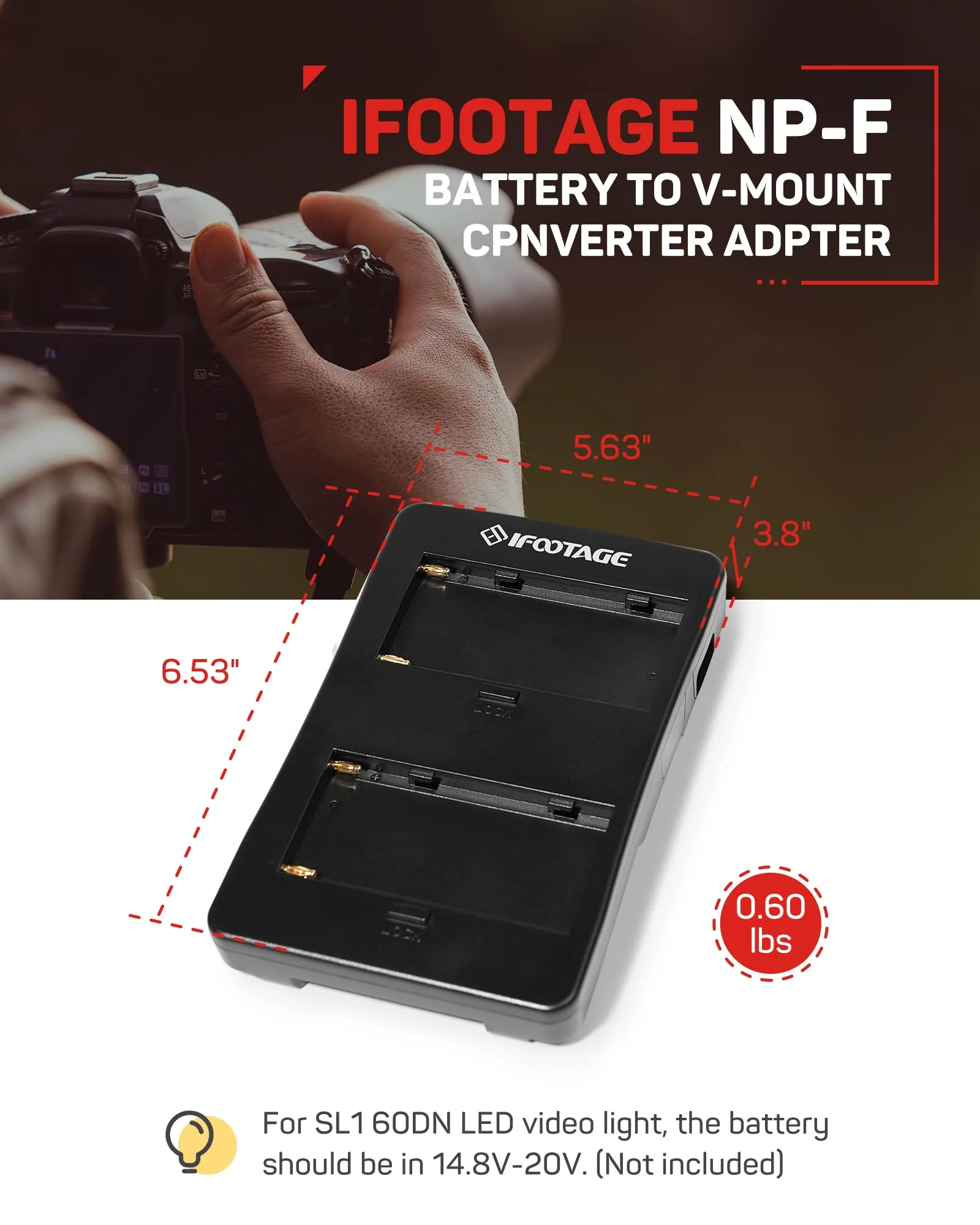IFOOTAGE NP-F Battery to V-Mount Battery Converter Adapter for IFOOTAGE 60DN Portable Video Light, NP-F970 Battery Adapter to V-Mount Battery Grip - Image 3