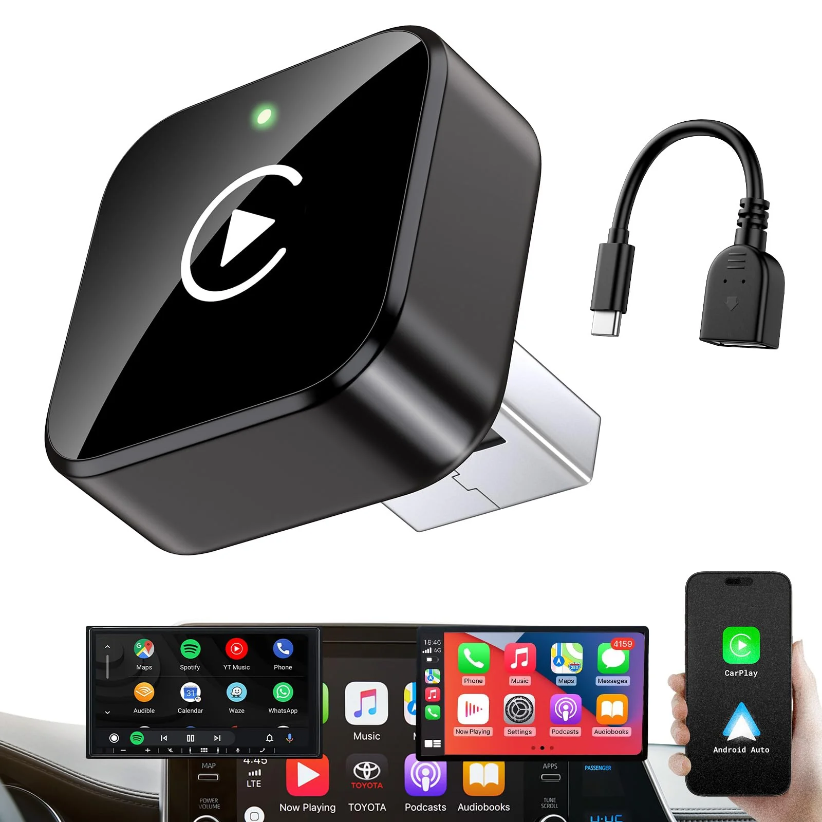 iGENJUN Wireless CarPlay Adapter 2026 Upgrade Mini Design, USB/USB-C Plug & Play Converts CarPlay to Wireless - Easy Use Fast Stable Connection Car Play for iPhone & Android Black