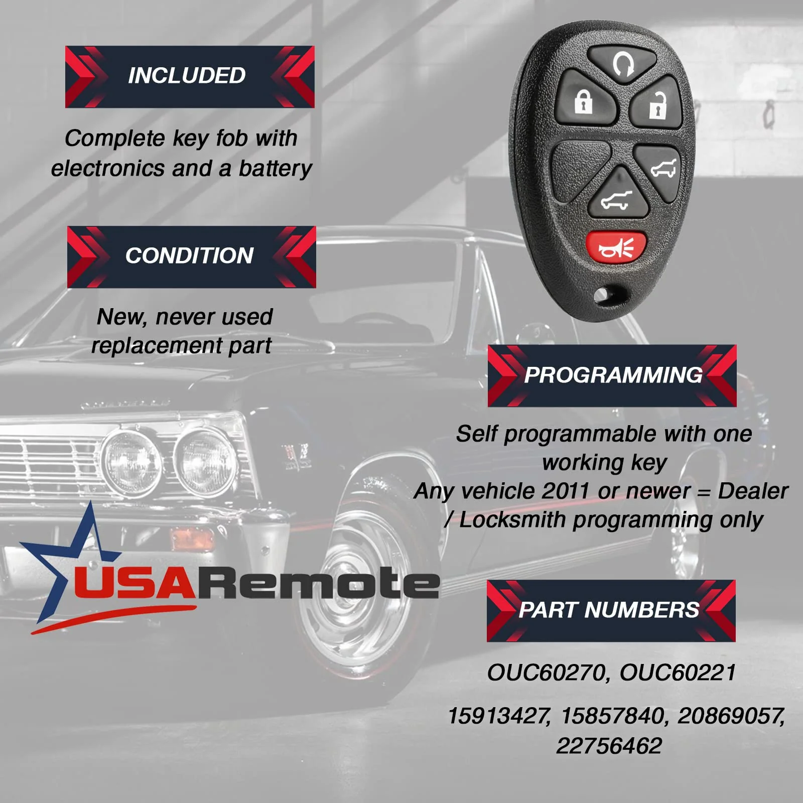 Ignition Key + Key Fob Keyless Entry Remote fits 2007-2014 Chevy Tahoe Suburban / 2007-2014 Cadillac Escalade / 2007-2014 GMC Yukon (fits Part # 15913427, 20869057, 22756462) g-427 46-key - Image 3