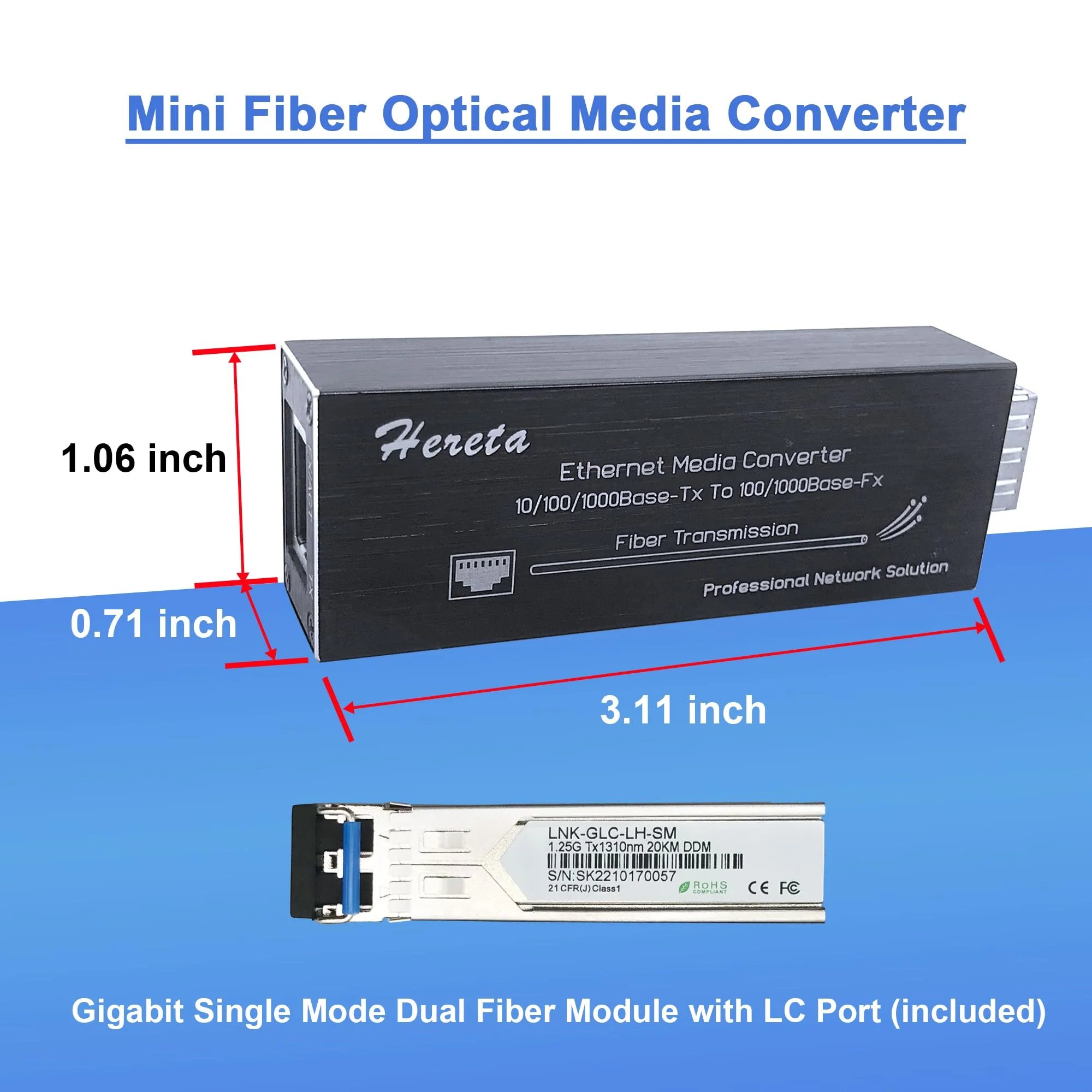 Industrial Gigabit Fiber Media Converter with Single Mode Dual Fiber SFP/LC Module 10/100/1000Base-TX to 100/1000Base-Fx Mini Ethernet Media Hardened Converter USB Type C Power Input - Image 2