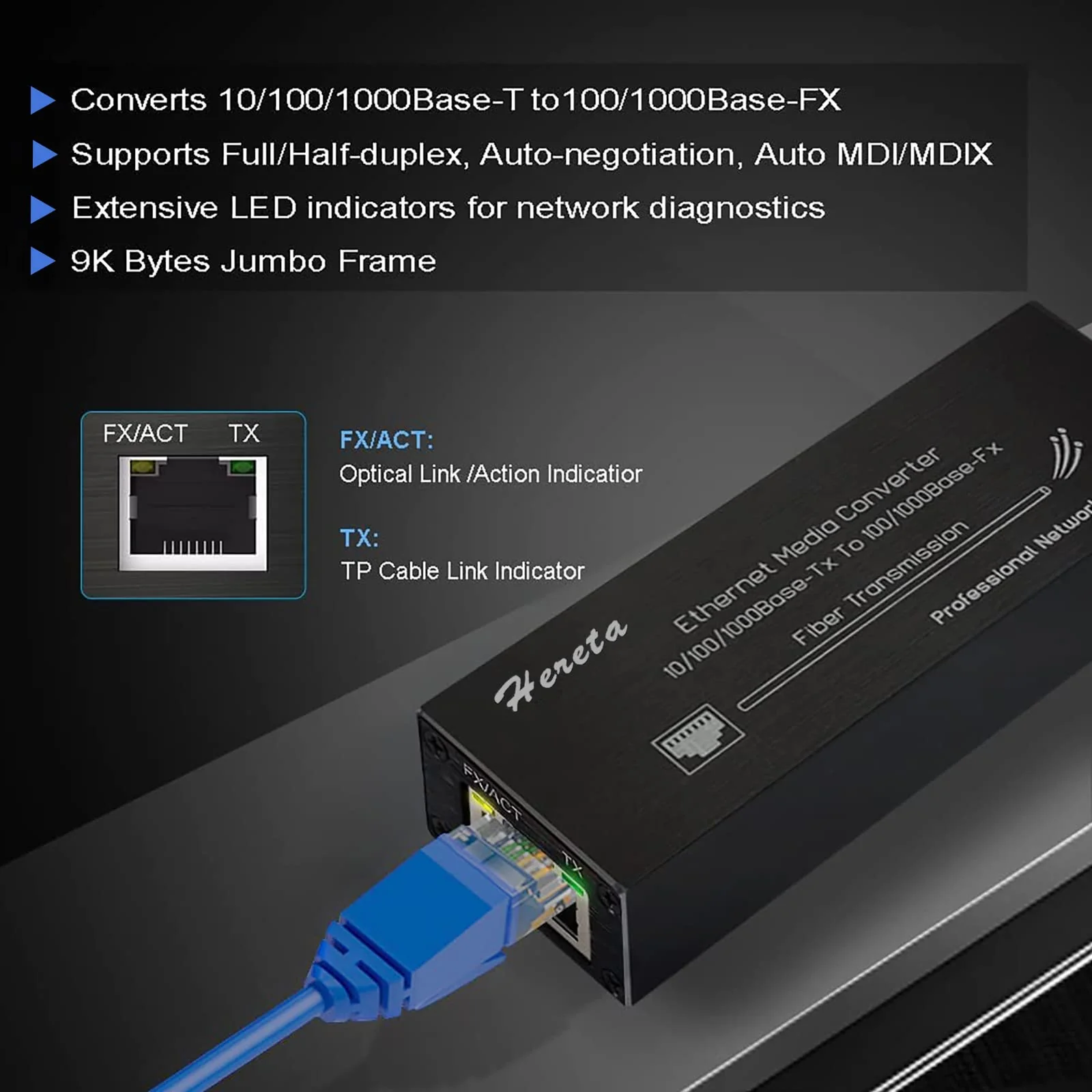 Industrial Gigabit Fiber Media Converter with Single Mode Dual Fiber SFP/LC Module 10/100/1000Base-TX to 100/1000Base-Fx Mini Ethernet Media Hardened Converter USB Type C Power Input - Image 5