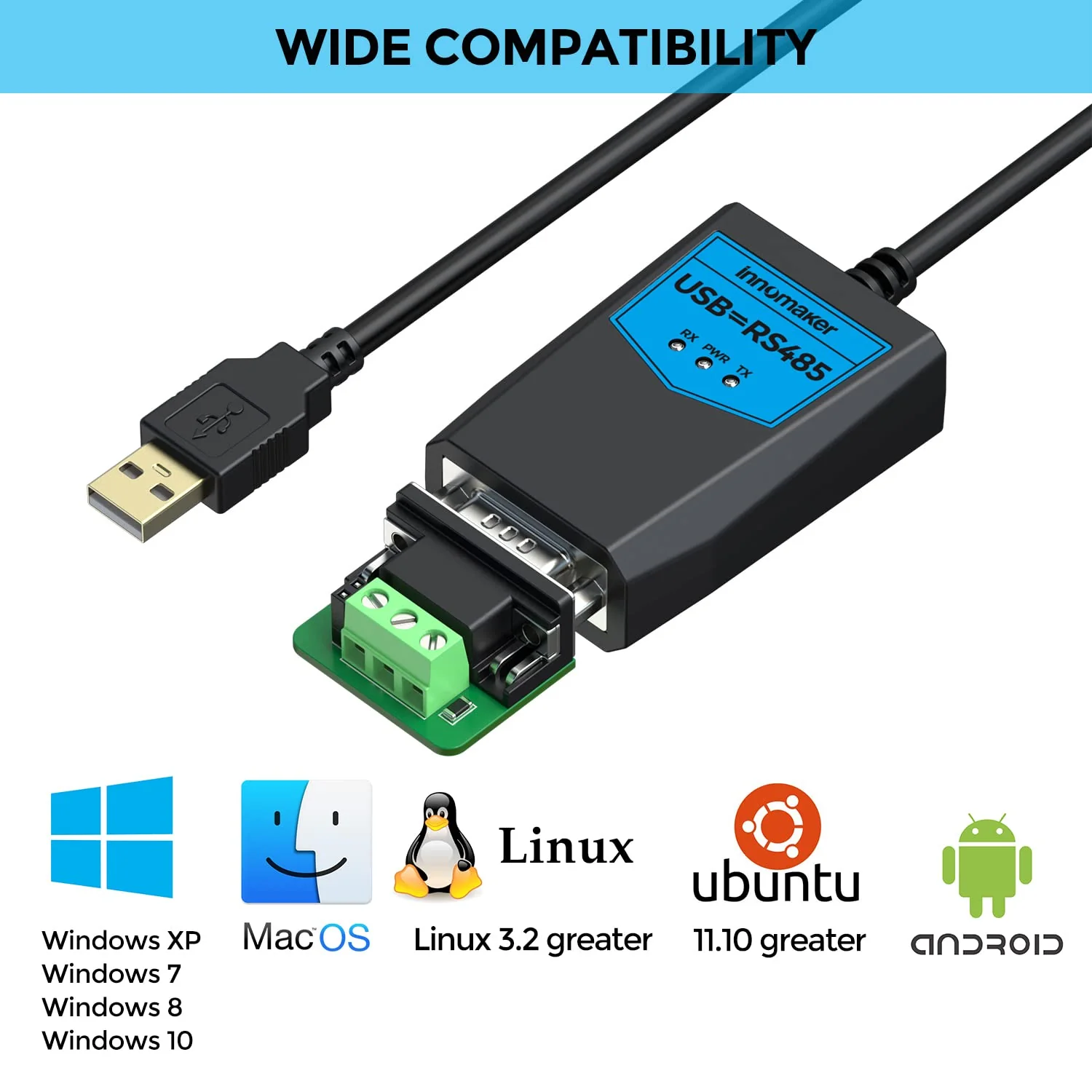 Industrial-Grade USB 2.0 to RS485 Converter Adapter, Based on FTDI Chipset, ESD Protection, Signal&Power Isolation, Support Windows 11,10,8, XP, MacOs, Linux, Global Industrial Brand - Image 5
