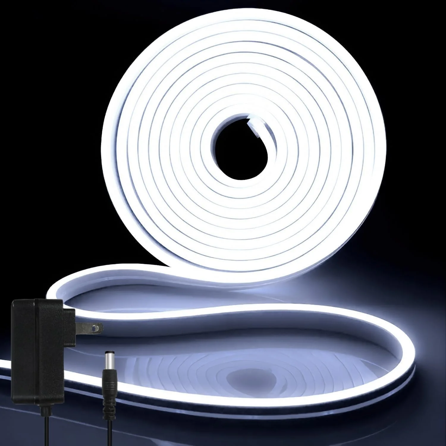 iNextStation 12V White LED Strip Lights 16.4FT/5M, IP65 Waterproof Silicone Neon Light Strip, Flexible Led Rope Lights for DIY, Cuttable, LED Light Strip for Bedroom, Indoor, Outdoor(with Plug) 16.4FT With Adapter
