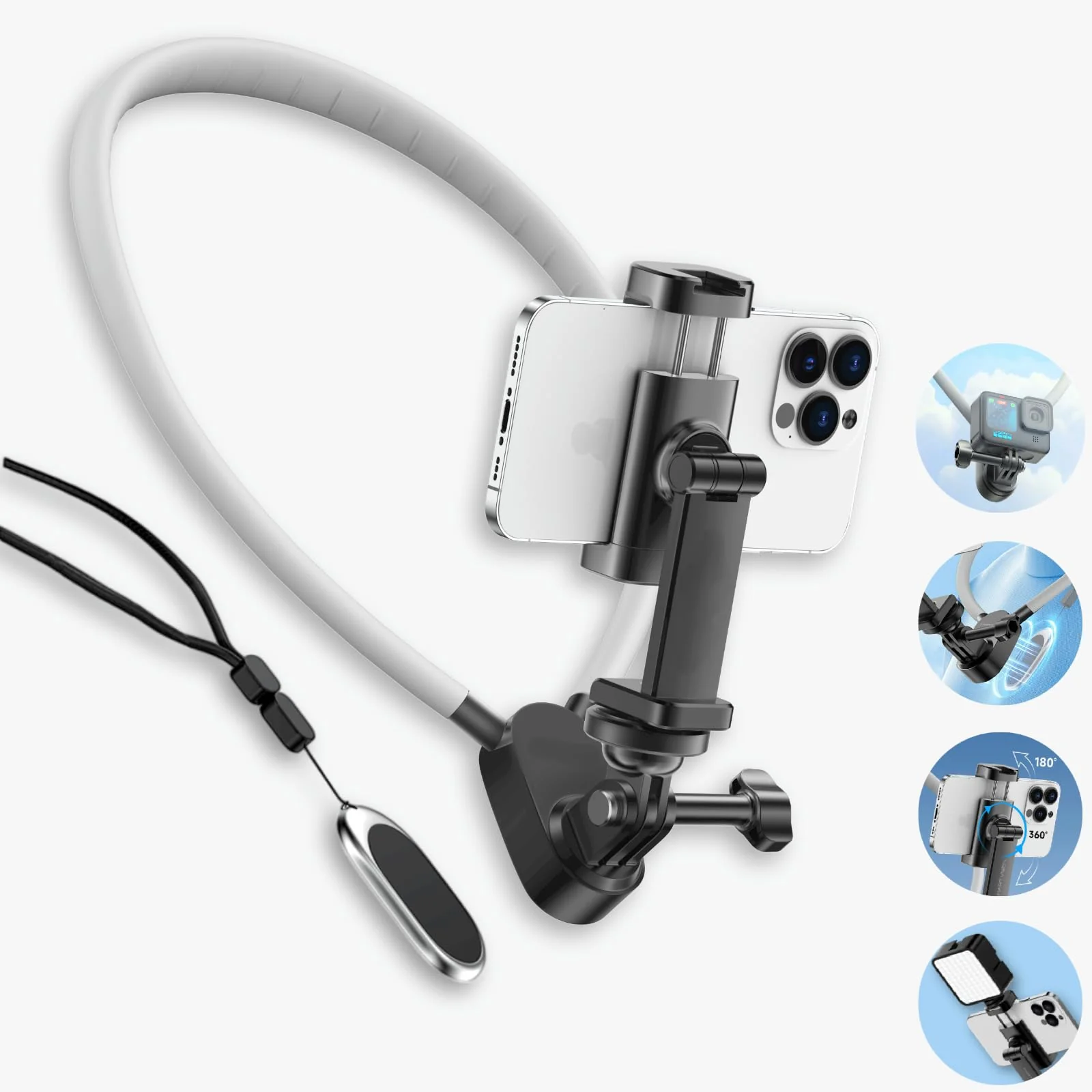 INOVAGEN Neck Mount,Neck Phone Holder,Magnetic Anti-Shake,POV/Vlog Recording,Hand Free Selfie Neck Phone Mount for Phones and GoPro Max Hero 12 11 10 DJI Action 3,Insta360 (i7U with Phone Holder) i7U With Phone Holder