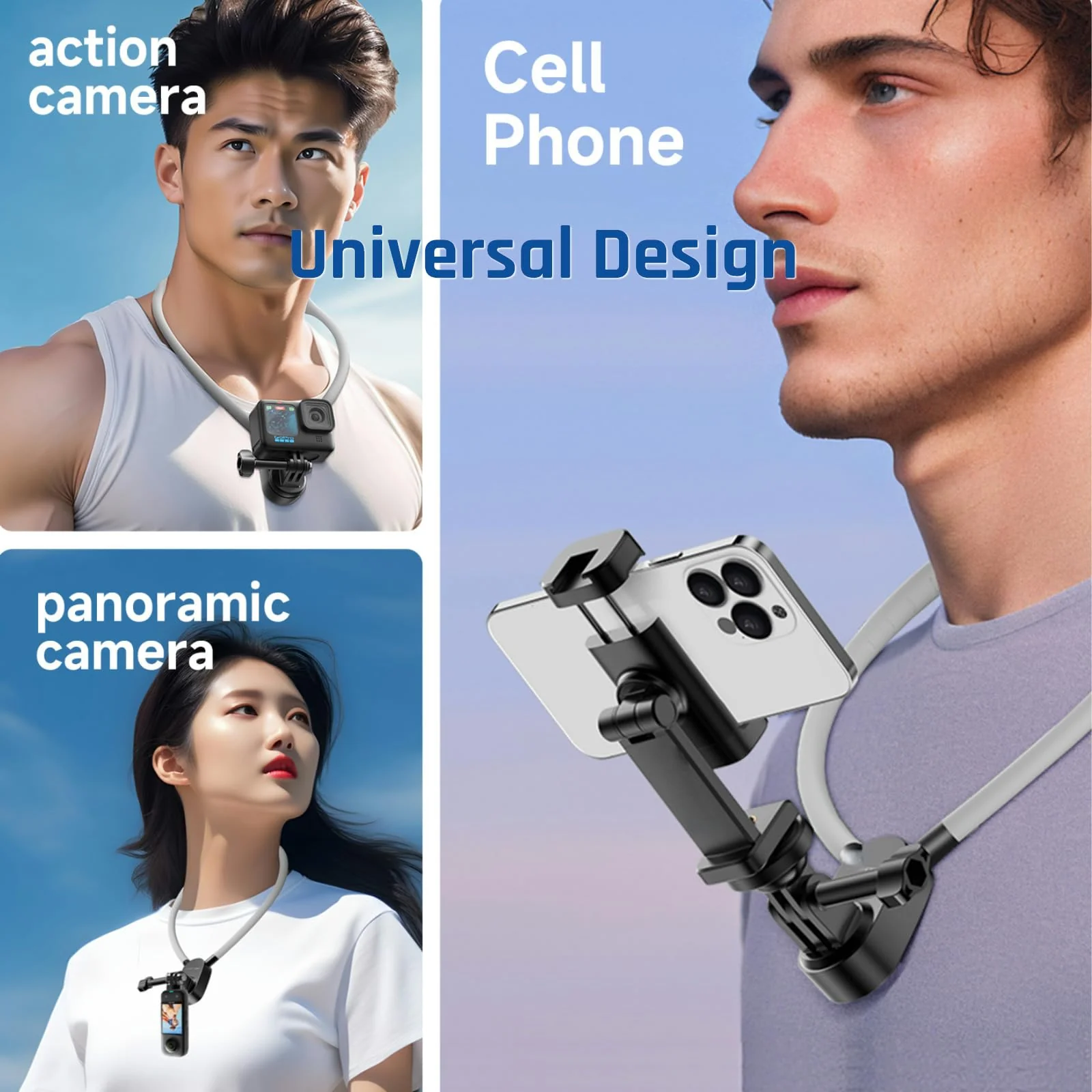 INOVAGEN Neck Mount,Neck Phone Holder,Magnetic Anti-Shake,POV/Vlog Recording,Hand Free Selfie Neck Phone Mount for Phones and GoPro Max Hero 12 11 10 DJI Action 3,Insta360 (i7U with Phone Holder) i7U With Phone Holder - Image 2