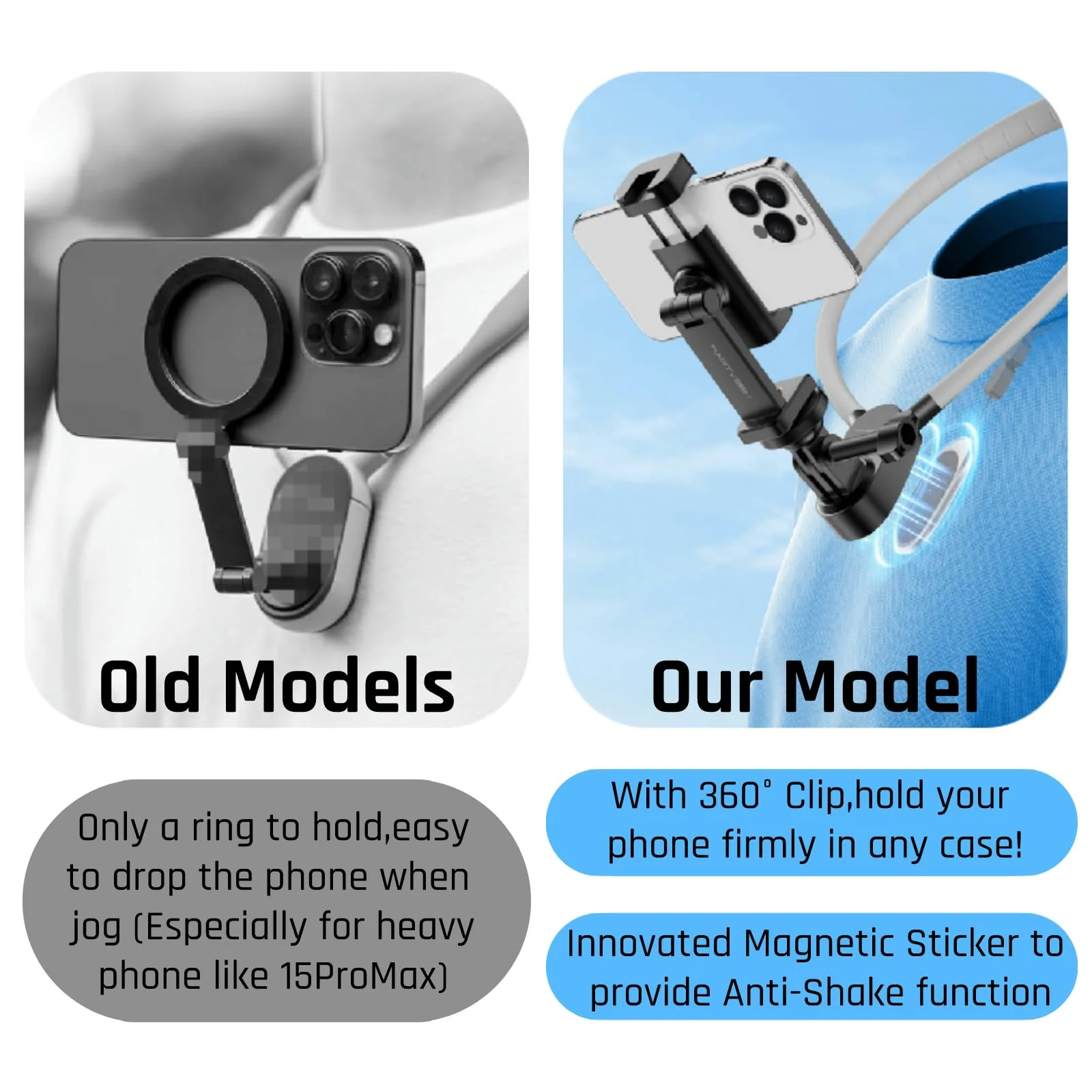 INOVAGEN Neck Mount,Neck Phone Holder,Magnetic Anti-Shake,POV/Vlog Recording,Hand Free Selfie Neck Phone Mount for Phones and GoPro Max Hero 12 11 10 DJI Action 3,Insta360 (i7U with Phone Holder) i7U With Phone Holder - Image 4
