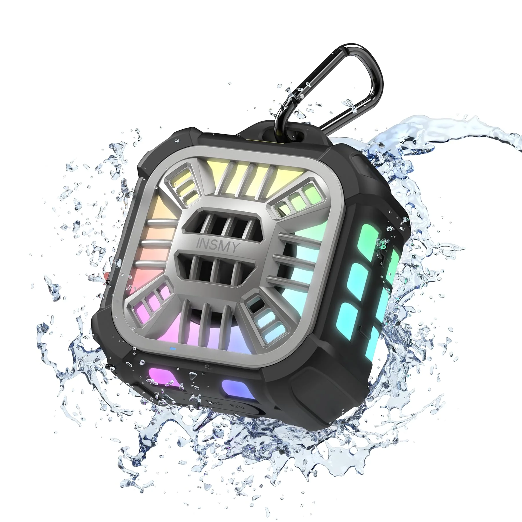 INSMY IP67 Waterproof Bluetooth Speaker, Shower Speaker Portable Small Clip-on, Multi Sync 100+ Speakers, Big Volume Booming Bass, 24H Playtime/Floatable/RGB Lights for Outdoor/Kayak/Beach (Black) Black