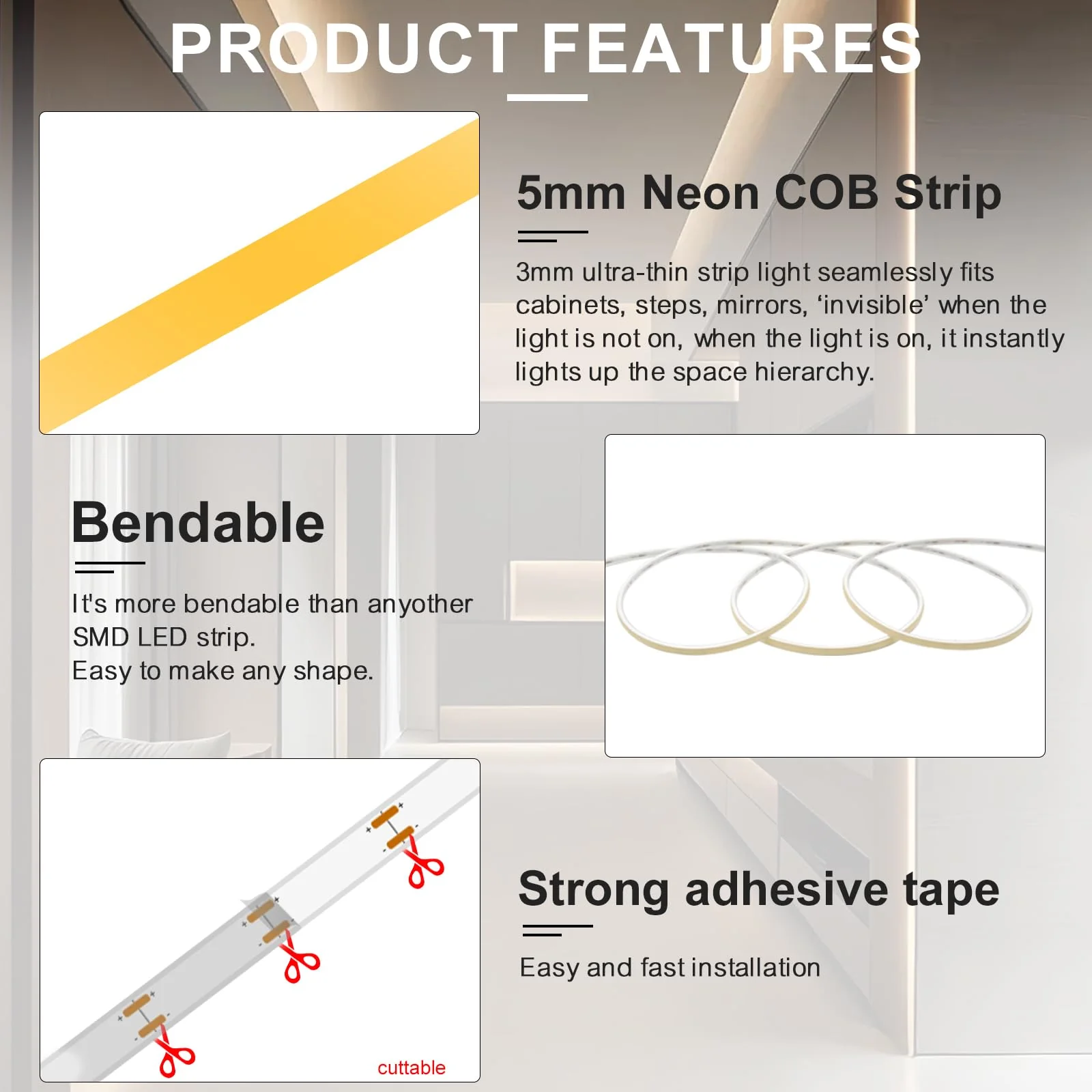 IP68 Waterproof Neon COB LED Strip Light, 16.4ft 12V Ultra-Thin 5mm 4000K LED Tape Light CRI>90 400LEDs/m for Home Cabinet Bathroom Outdoor Pool Decoration (Without Power Supply) - Image 7