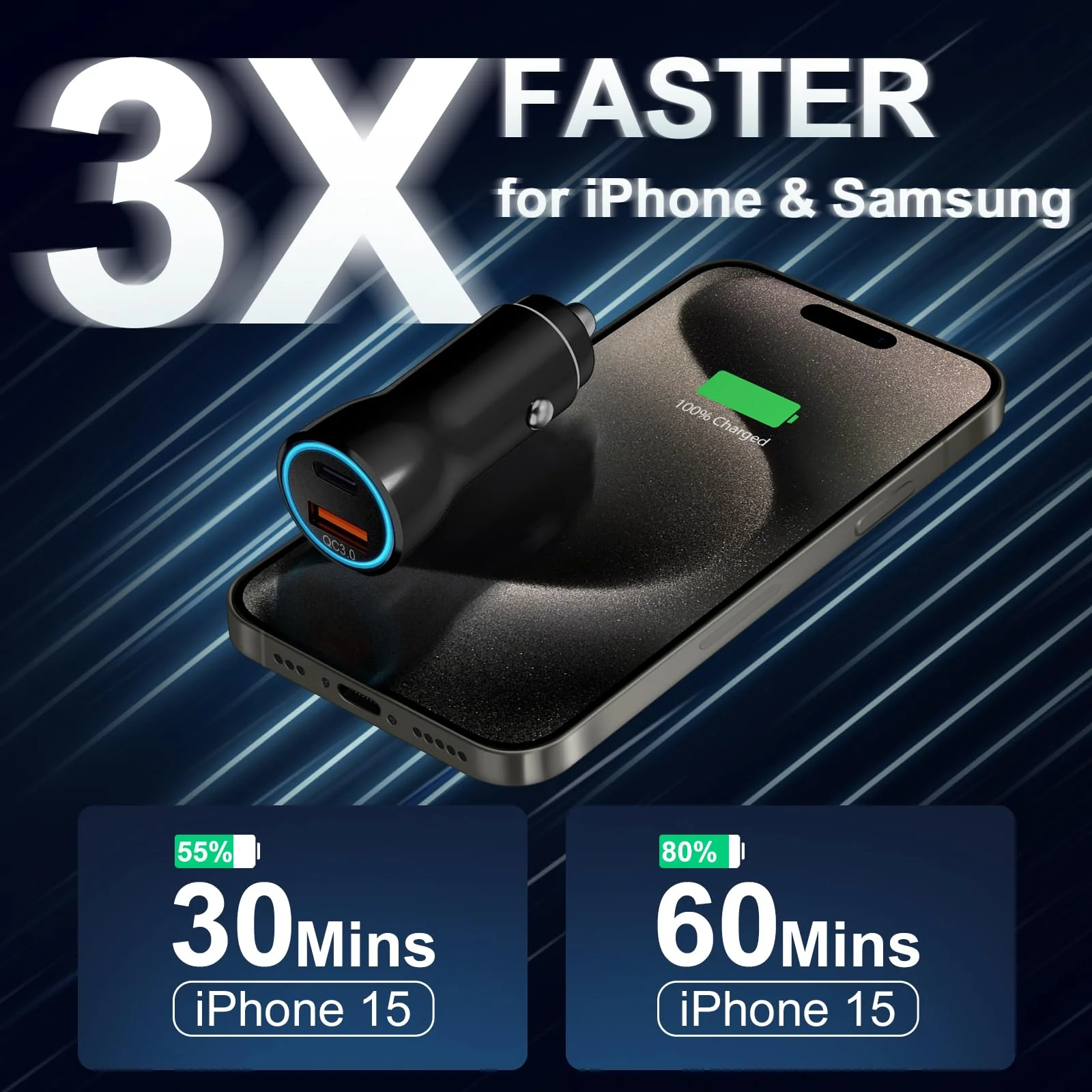 iPhone 16 15 Car Charger, [Apple MFi Certified] USB C Car Charger 43W Fast Charging with 3.3 FT USB C to USB C Cable, PD USB-C & QC 3.0 USB Car Adapter for iPhone 16 15 Pro Max Plus Black 1 Pack - Image 3