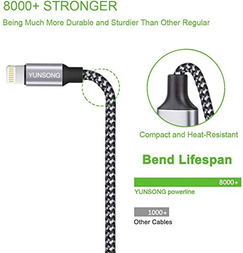 iPhone Charger, YUNSONG 3Pack 6FT Nylon Braided Lightning Cable Fast Charging High Speed Data Sync USB Cord Compatible with iPhone 13 12 11 Pro Max XS XR X 8 7 6S 6 Plus SE 5S Grey - Image 3