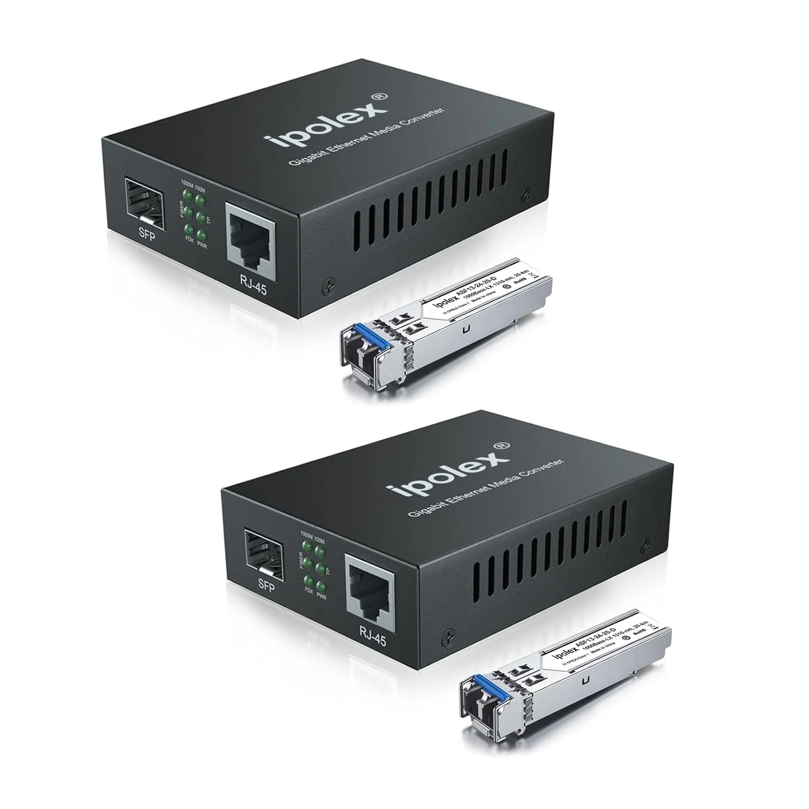 ipolex Gigabit Single-Mode LC Fiber to Ethernet Media Converter (SFP LX Modules Included),1.25G Fiber Media Converter, 1000Base-LX to 10/100/1000Base-TX, 1310nm, SMF, Transmission up to 20KM, 2 Pack Standard Kit #2: SFP 20km x2