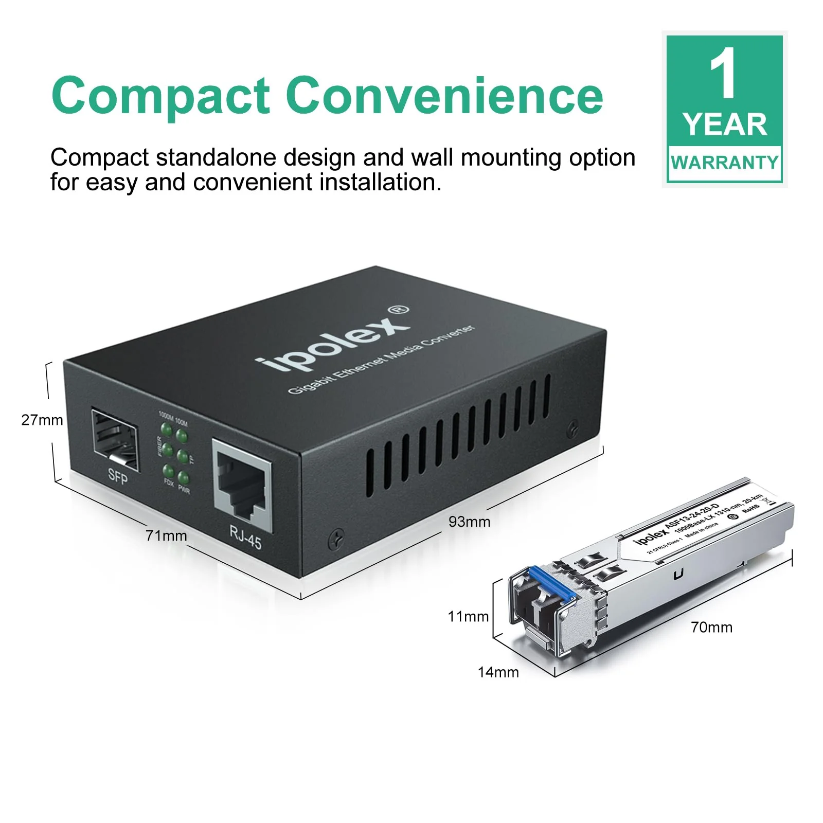 ipolex Gigabit Single-Mode LC Fiber to Ethernet Media Converter (SFP LX Modules Included),1.25G Fiber Media Converter, 1000Base-LX to 10/100/1000Base-TX, 1310nm, SMF, Transmission up to 20KM, 2 Pack Standard Kit #2: SFP 20km x2 - Image 7