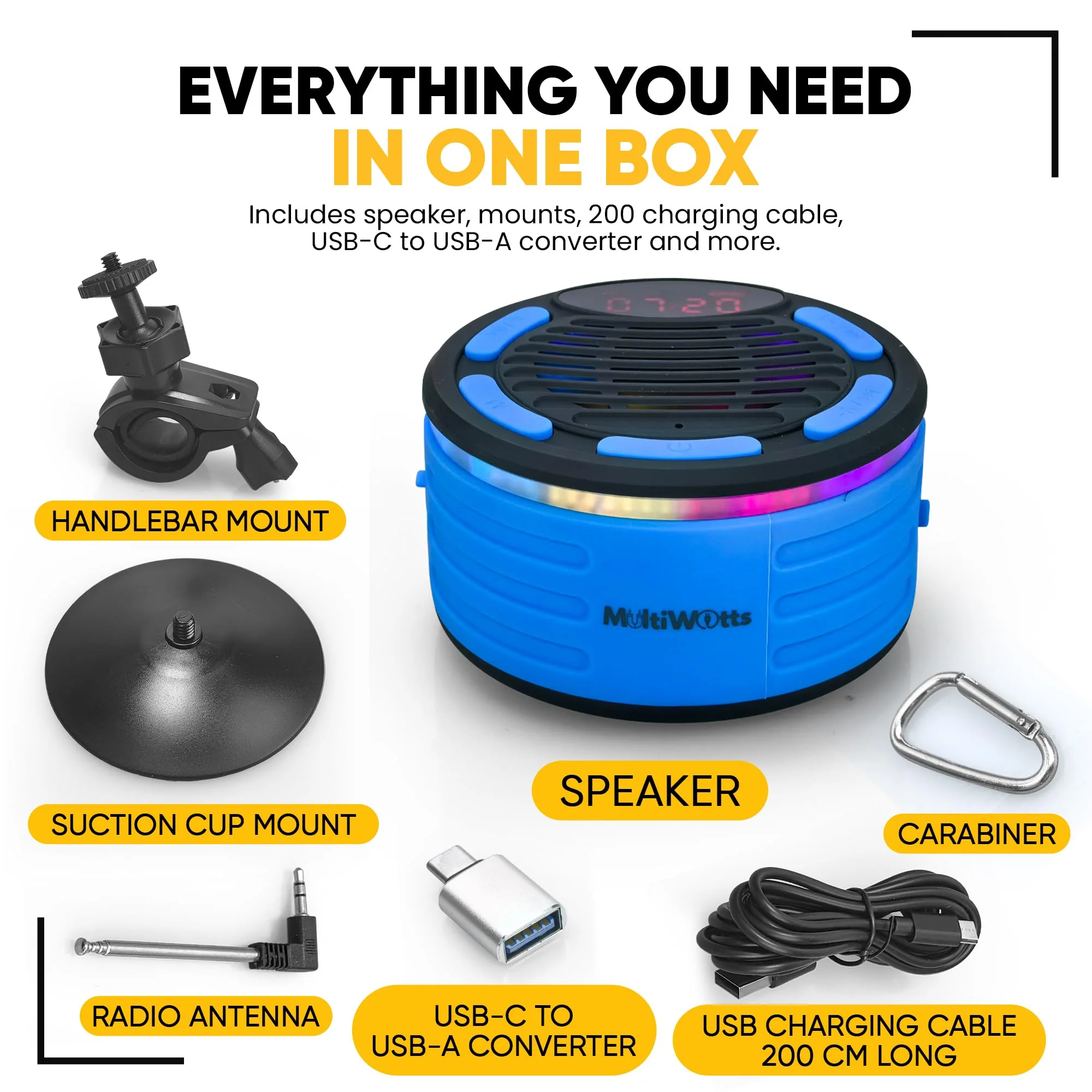 IPX7 Waterproof Bluetooth Speaker with Time, Floating Portable Speaker for Shower, Pool & Beach, Includes MTB Handlebar Holder, Suction Cup & Carabiner, RGB Lights, FM Radio, USB-C - Gifts - Image 2