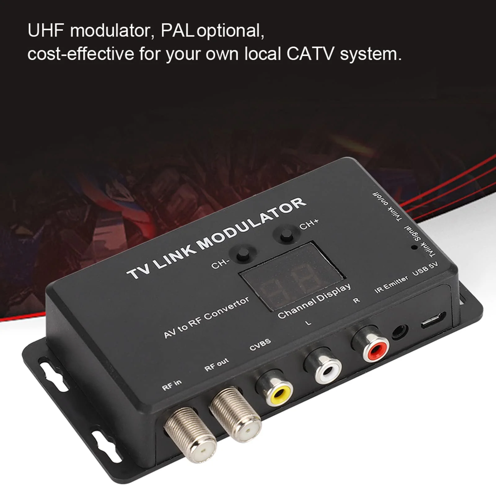 IR Modulator, TM70 UHF TV Link Modulator AV to RF Converter IR Extender Adapter with Channel Display, USB Cable, Receiving Cable - Image 2