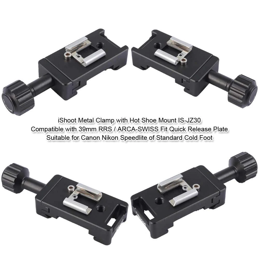 iShoot Metal Clamp with Universal Hot Shoe Mount Compatible with 39mm Arca-Swiss Fit Quick Release Pate L-Shaped Camera Holder Bracket Support & Speedlite Flash of Standard Cold Foot - Image 2