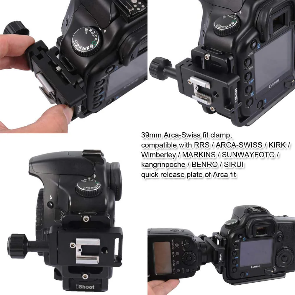 iShoot Metal Clamp with Universal Hot Shoe Mount Compatible with 39mm Arca-Swiss Fit Quick Release Pate L-Shaped Camera Holder Bracket Support & Speedlite Flash of Standard Cold Foot - Image 7
