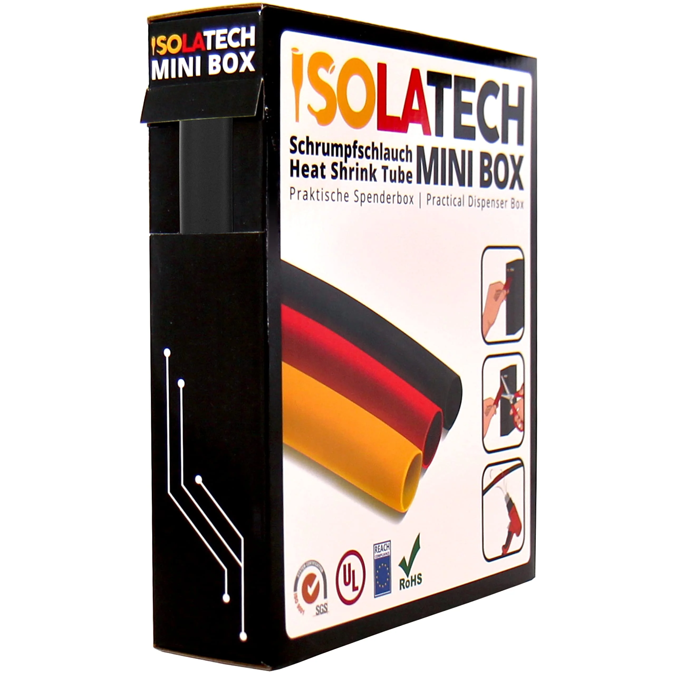 ISOLATECH Heat Shrink Tubing 3:1 Set with Adhesive Black Diameter 12.7 mm 5 m UV Resistant Sold by the Metre Unlabeled Roll in Practical Dispenser Box 12,7mmØ