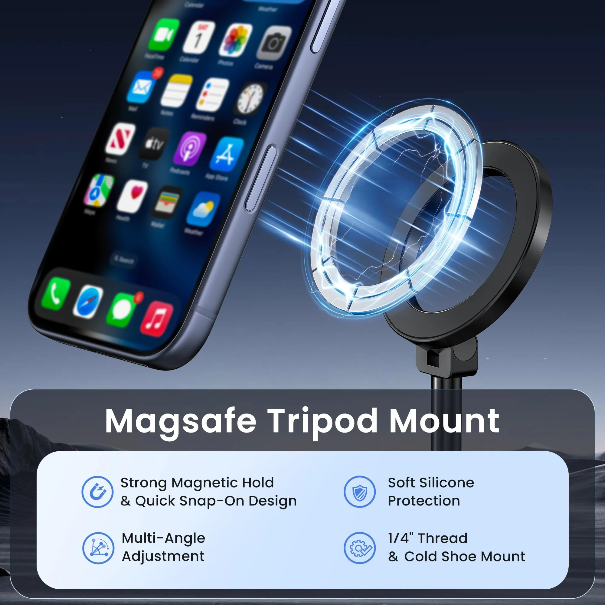 Itramax Magnetic Cold Shoe Camera Phone Mount for Magsafe,1/4" Threaded Hole iPhone Tripod Holder for iPhone 17 Pro Max 16 15 Plus 14 13 12,Samsung,Canon Nikon Sony DSLR,360° Rotation Photography Black - Image 2