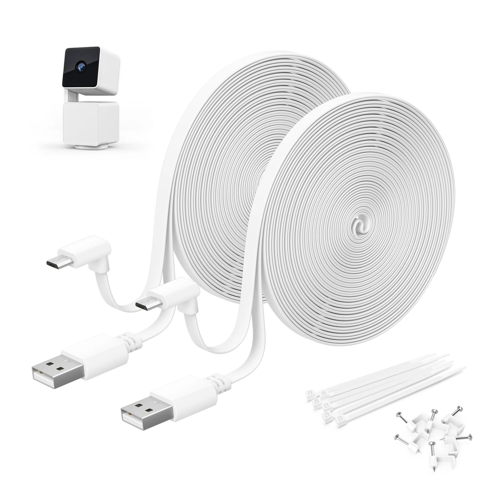 Itramax WYZE Cam Pan V3 Charger Cable 15FT 2Pack,Micro USB Extension Cord 90 Degree Power Adapter L-Shaped Long Flat Charging for WYZE Pan V3 Outdoor Camera No Support Data Transfer,White 20 25 30 FT 15FT/4.5M White