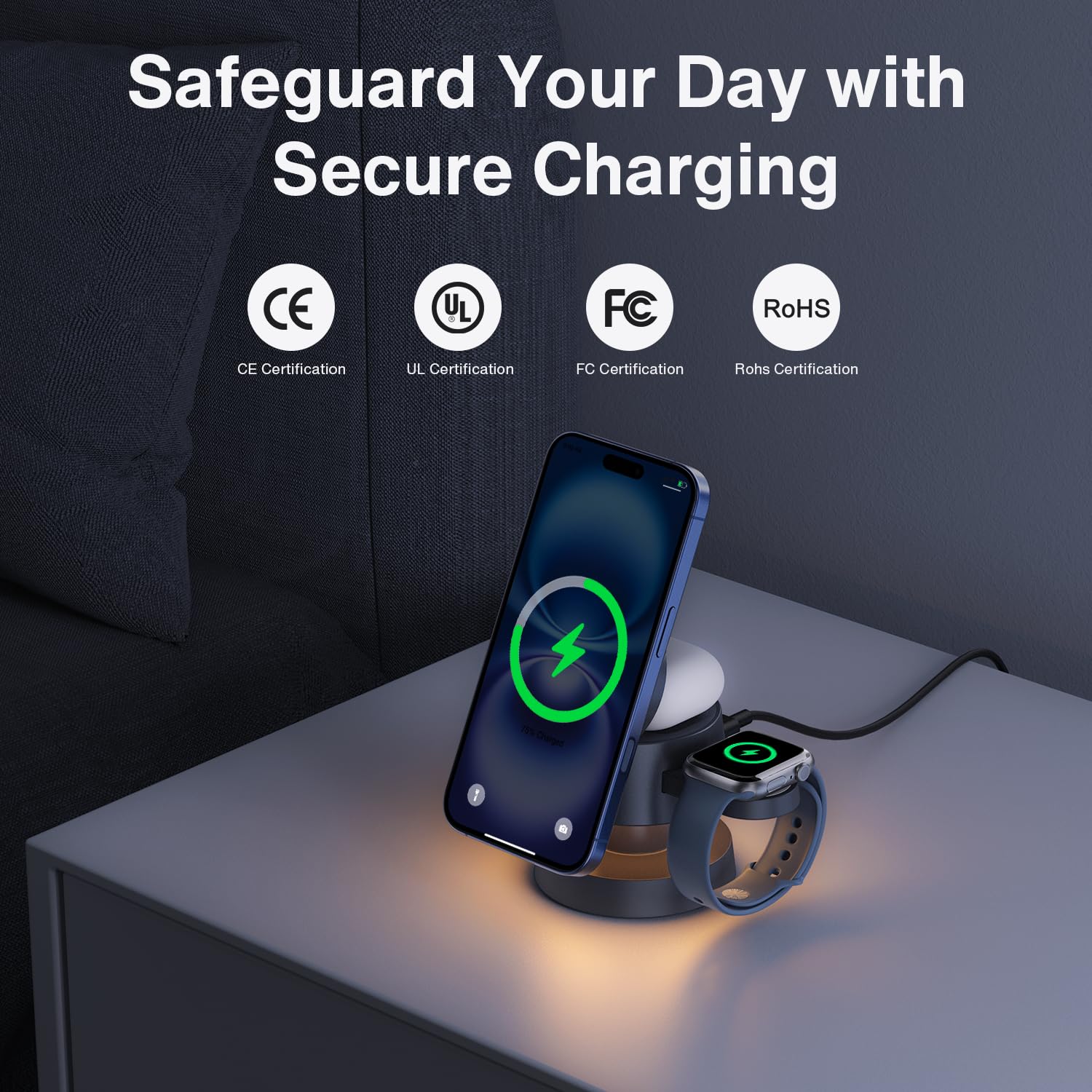 iVANKY for iPhone 16 Pro Max 4 in 1 Wireless Charging Station with Mushroom Light for MagSafe Magnetic Charger, 22.5 W Travel Stand, 3 in 1 Fast Charge Multiple Devices, Apple iWatch Ultra, Airpods 4 in 1 with Night Lamp Without Power Adapter - Image 3