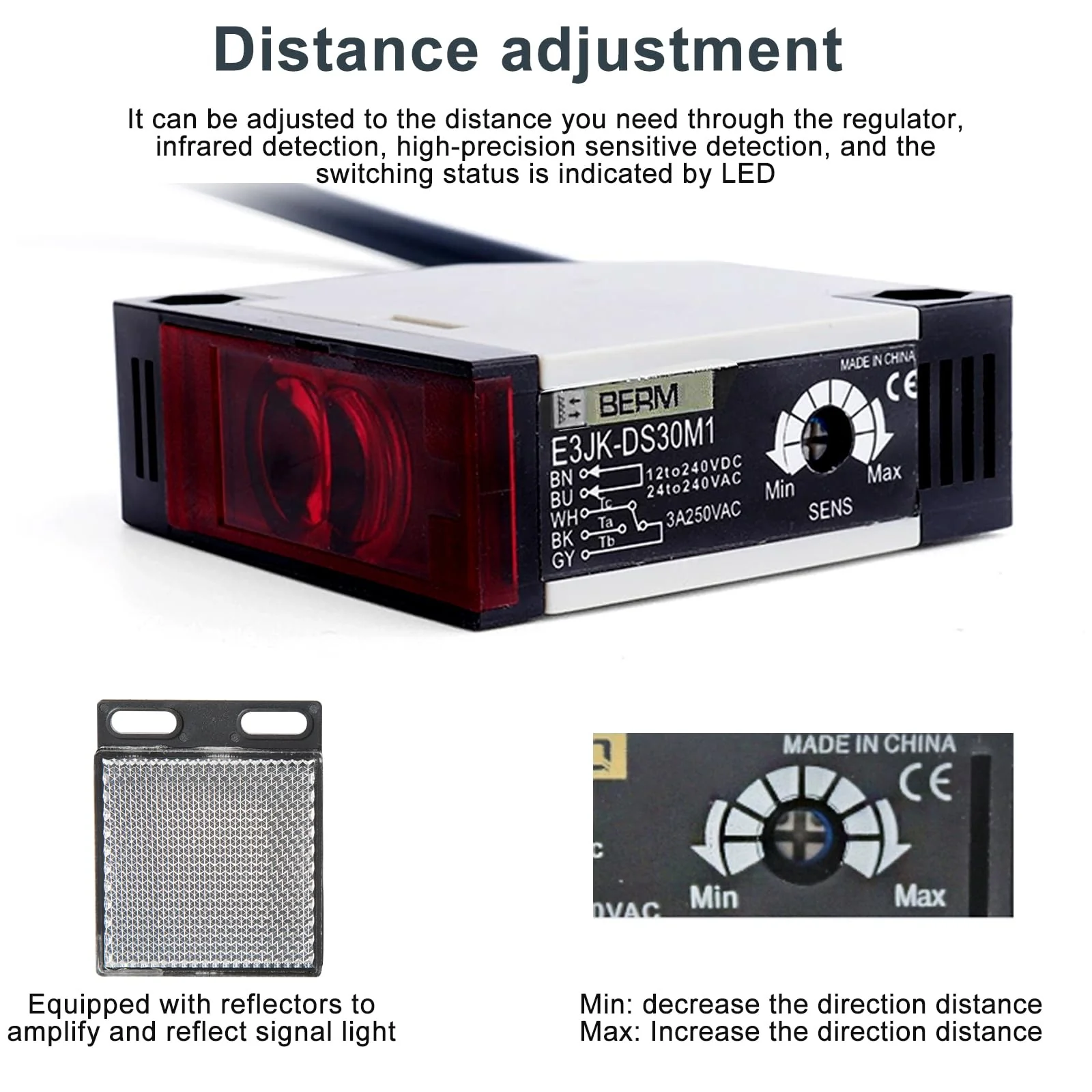 Jadeshay Photoelectric Sensor Switch, Reflector Light Barrier E3JK-R4M1 Photoelectric Beam Sensor 12-24 VDC Sensor for Photoelectric Barrier E3JK-R4M1 Induction Distance 0.1-4 m Adjustable - Image 3