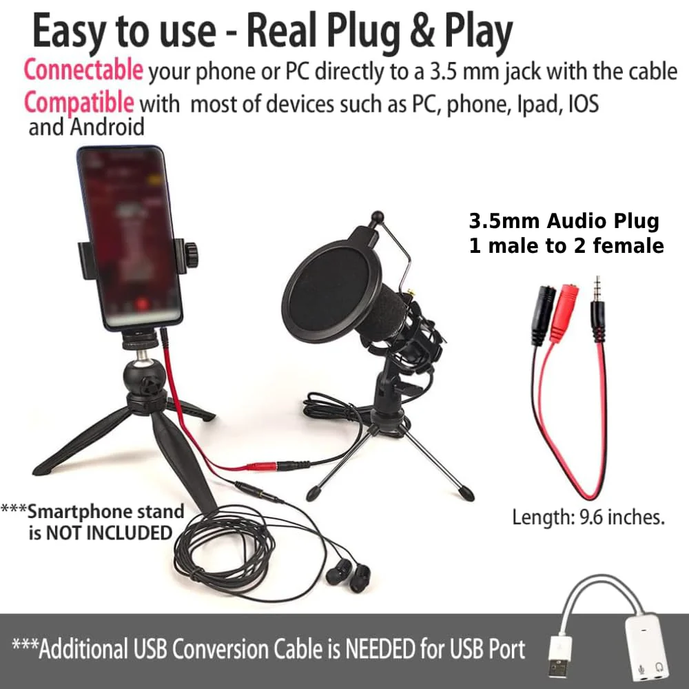 Japard Gaming USB Microphone for PC High Sensitivity, Mini Condenser 3.5 mm Plug for iPhone iPad Android, Broadcast Music Recording Set for Computer Meeting Podcast - Image 2