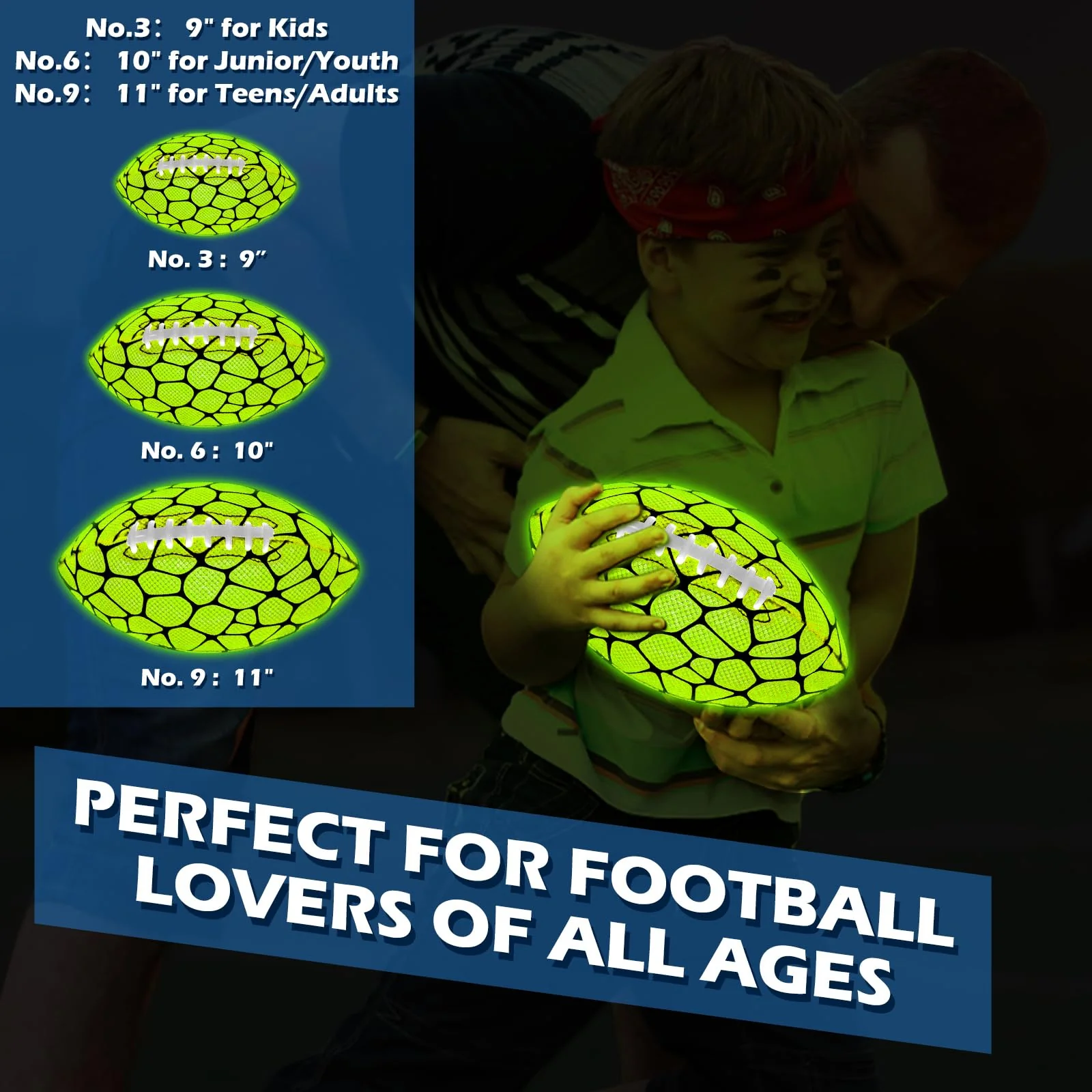Jasonwell Glow in The Dark Football - Strong Grip Light Up Football Toy Stuff Gift Outdoor Sports Ball for Boys Kids Teen Junior Youth Adult Christmas Birthday Gifts for Ages 6-8 8-12 13+ Year Old No.9 Green - Image 7