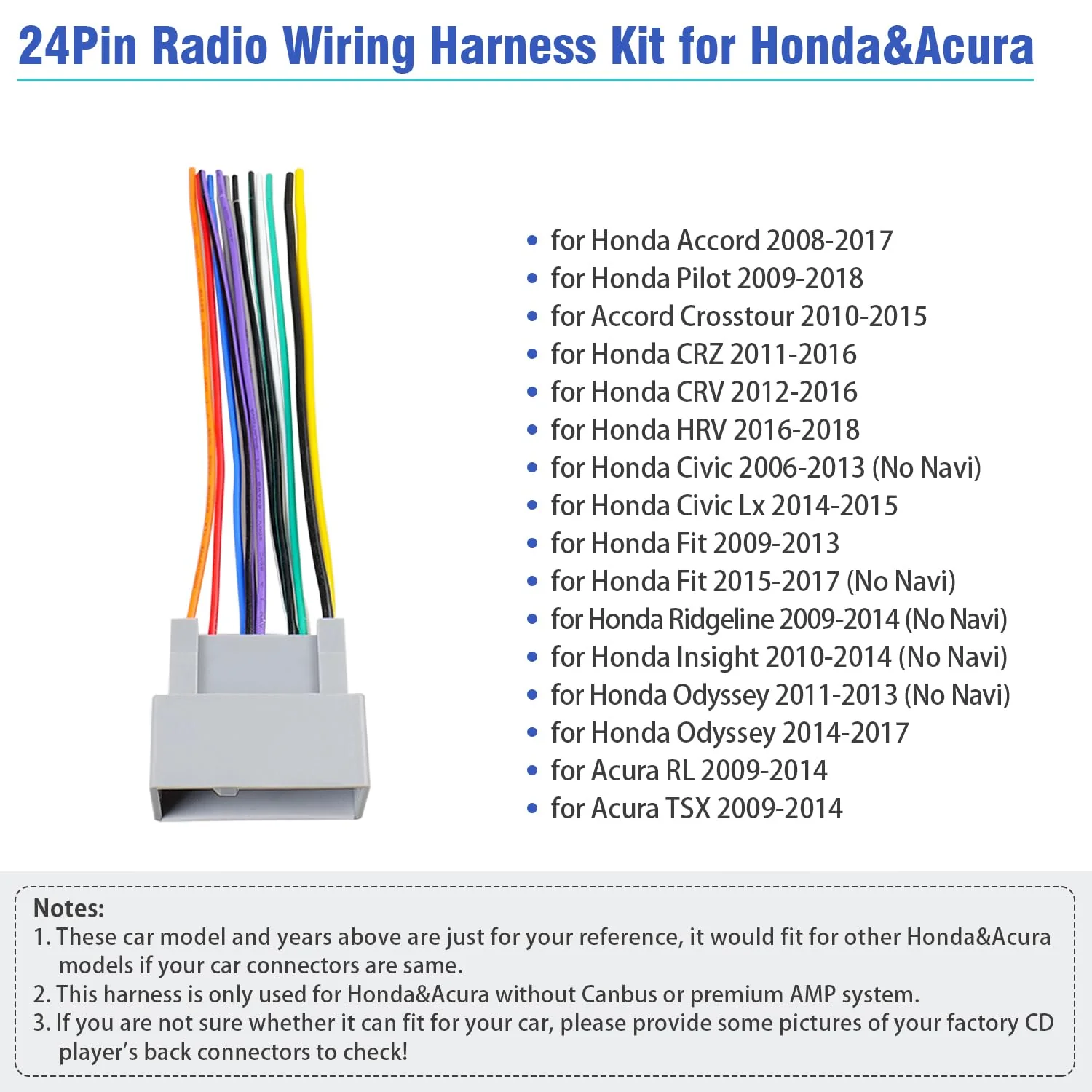 Jayubein 24Pin Radio Wiring Harness Kit Compatible with 12-15 Honda Accord CRV Civic Pilot Fit Odyssey CRZ Ridgeline Insight Car Stereo Connector Antenna Adapter 24P Harness+Antenna for Honda/Acura 12-15 - Image 2