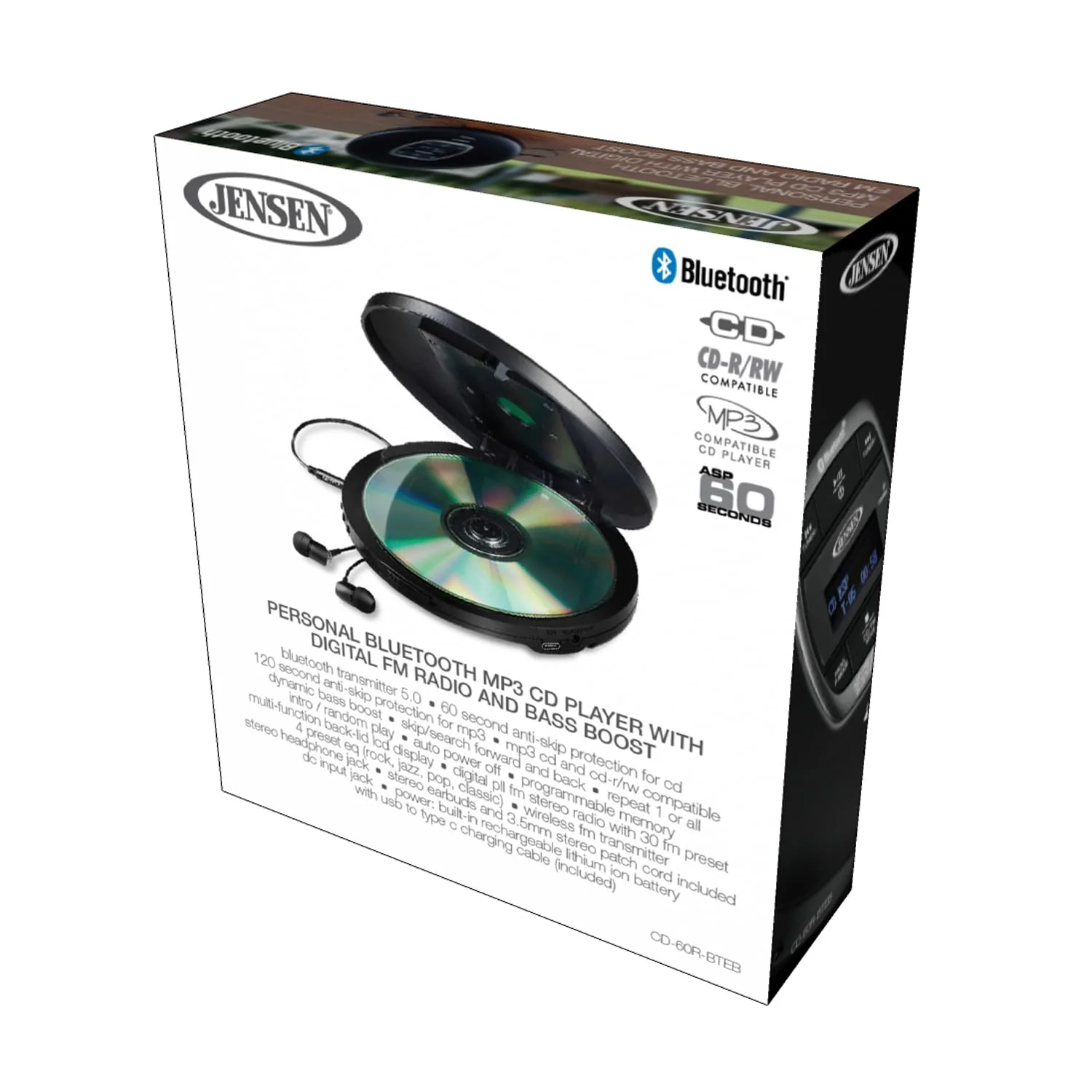 Jensen Portable CD Player Bluetooth 5.0 for Car with FM Transmitter, MP3 CD Playback, 60 Sec- Anti-Skip, Bass Boost, Rechargeable CD Player, Stereo Sport Earbuds (Matte Black) - Image 6