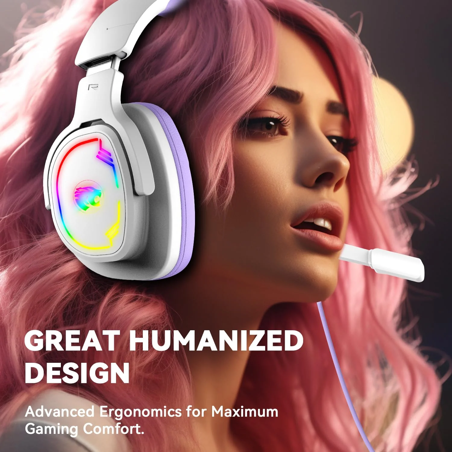 Jimonyer Gaming Headset for PC/PS4/PS5/Xbox One/Switch, Stereo Surround Sound Gaming Headphones with Noise Canceling Flexible Mic, Computer Headset with 3.5mm Jack & RGB Light (WhitePurple) WhitePurple - Image 2