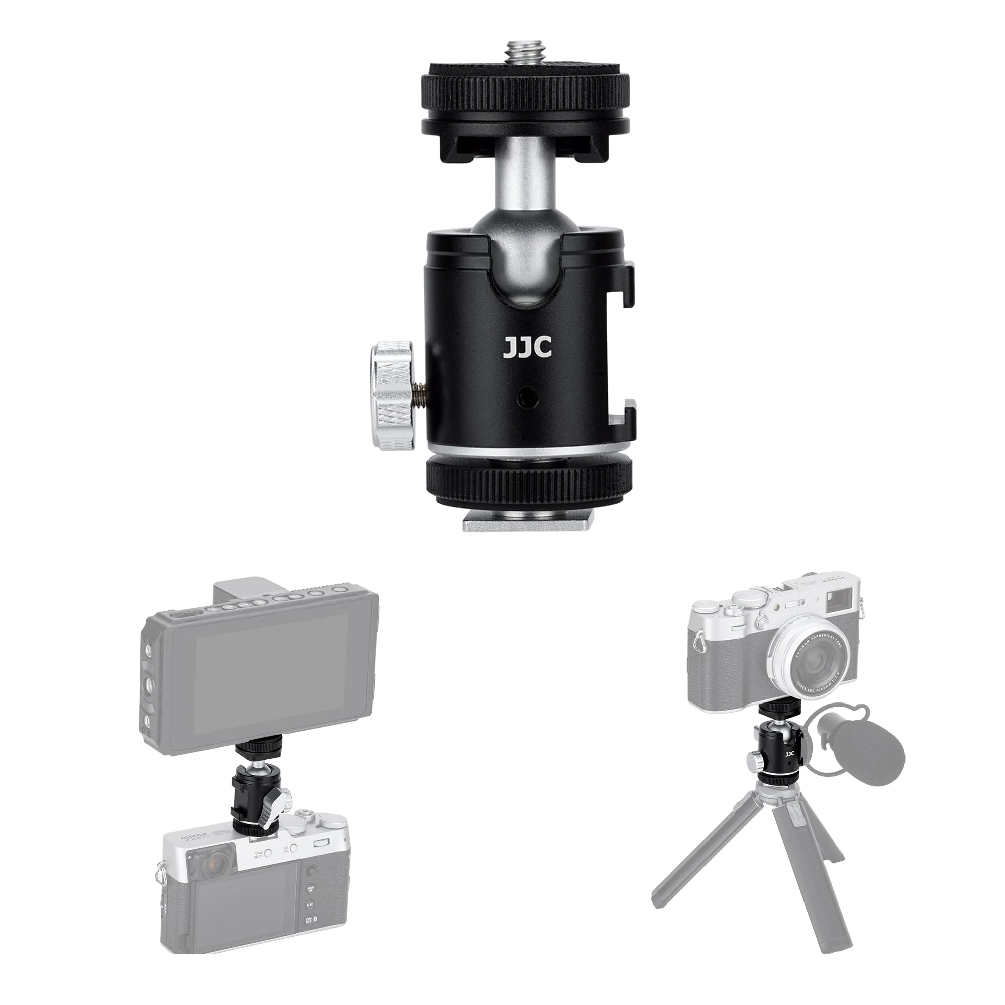 JJC 1/4''-20 Camera Tripod Ball Head Mount Adapter, Mini Ballhead with Cold Shoe Mount for Camera DSLR Tripod Selfie Stick LED Light Flash Microphone Phone Cage, 360-Degree Rotation, 90-Degree Tilt Ball Head with 2 Cold Shoe Mount