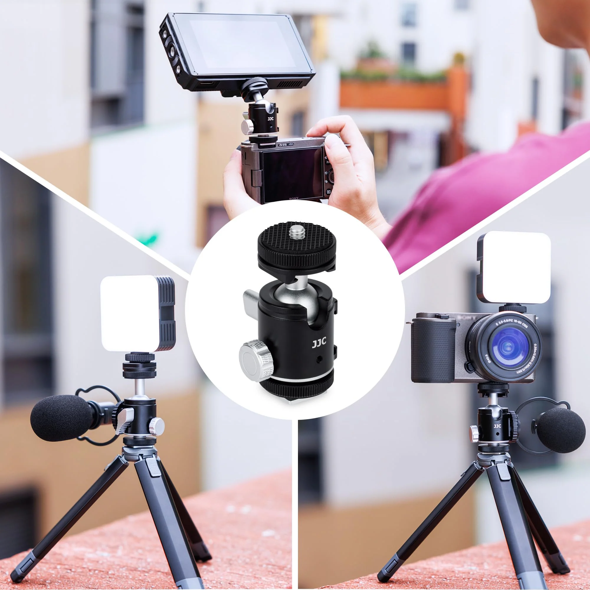 JJC 1/4''-20 Camera Tripod Ball Head Mount Adapter, Mini Ballhead with Cold Shoe Mount for Camera DSLR Tripod Selfie Stick LED Light Flash Microphone Phone Cage, 360-Degree Rotation, 90-Degree Tilt Ball Head with 2 Cold Shoe Mount - Image 8
