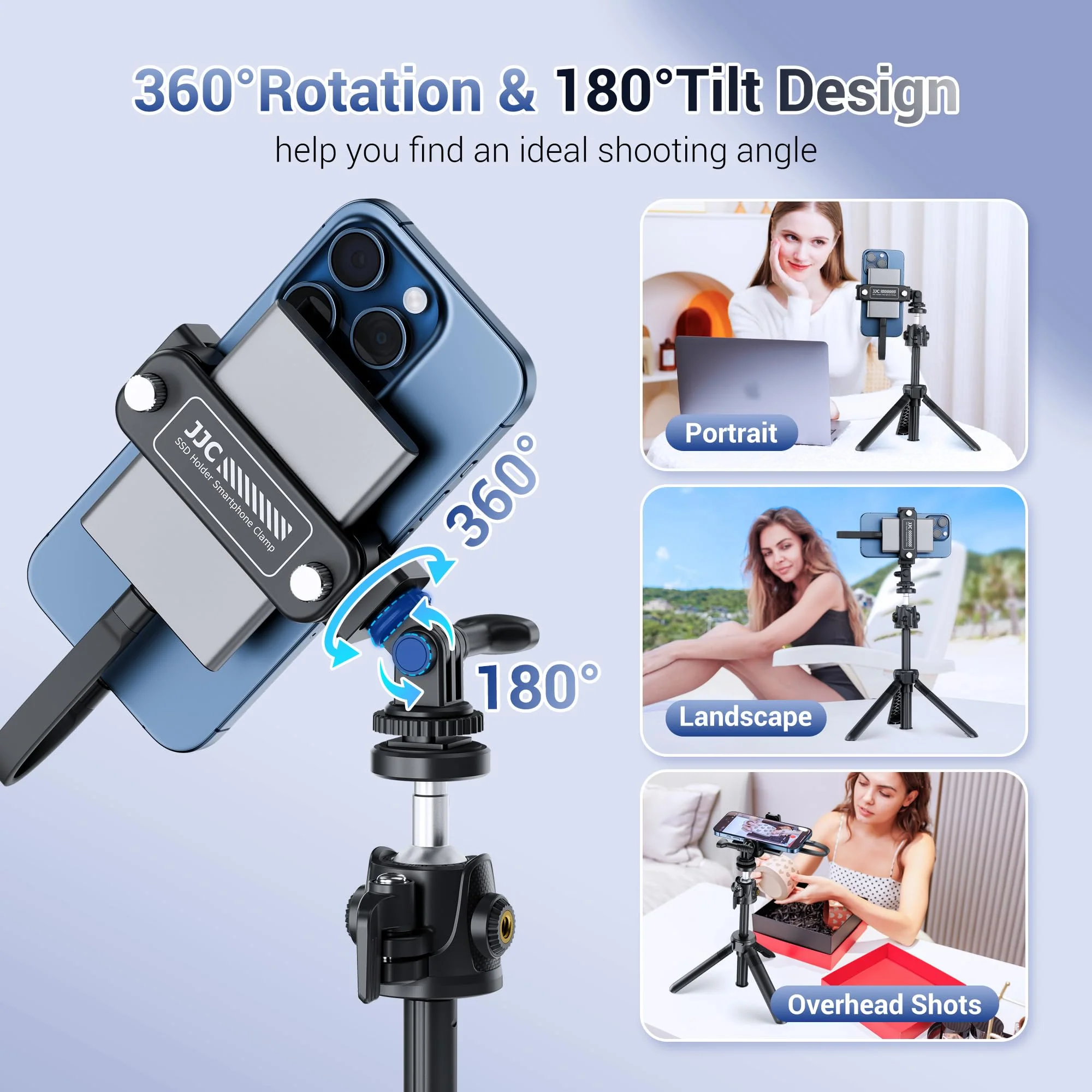JJC 2-in-1 Multi-Use Phone Clamp SSD Holder Bracket, 360°Rotates SSD Mount Support with Cold Shoe, 1/4"-20 Tripod Mount for Photography Videography Video Recording Vlog Streaming - Image 6