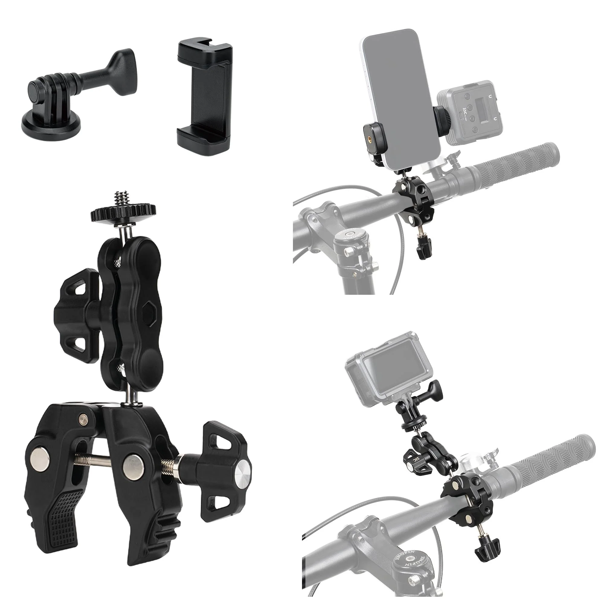 JJC Super Camera Clamp Mount Kit with 1/4'' Ballhead for DSLR DJI Osmo Gopro Hero Insta360 Action Camera Smartphone on Desk Motorcycle Bicycle Bracket Handrail Trolley Cross Bar Flag Vlog Video Record Clamp Kit