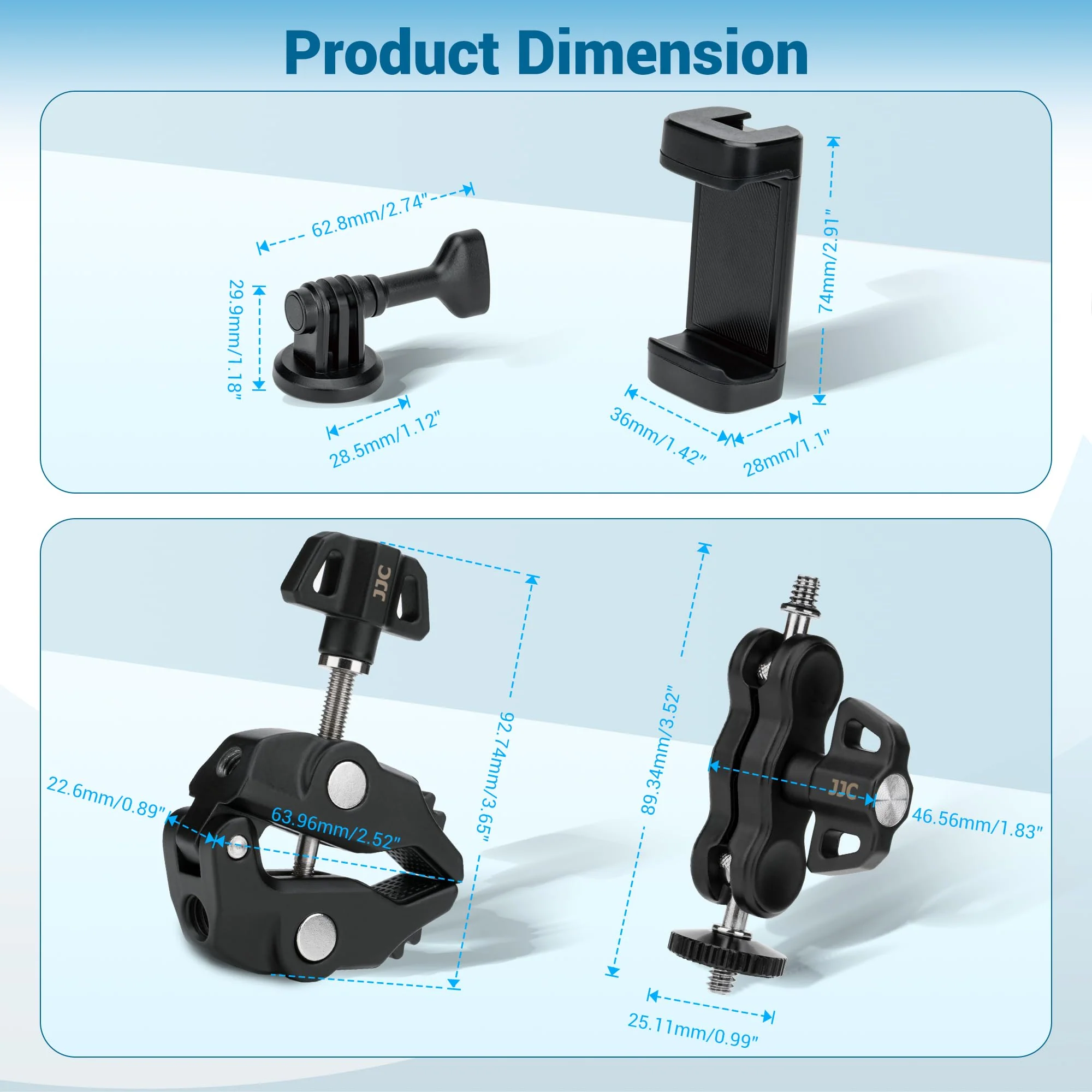 JJC Super Camera Clamp Mount Kit with 1/4'' Ballhead for DSLR DJI Osmo Gopro Hero Insta360 Action Camera Smartphone on Desk Motorcycle Bicycle Bracket Handrail Trolley Cross Bar Flag Vlog Video Record Clamp Kit - Image 9
