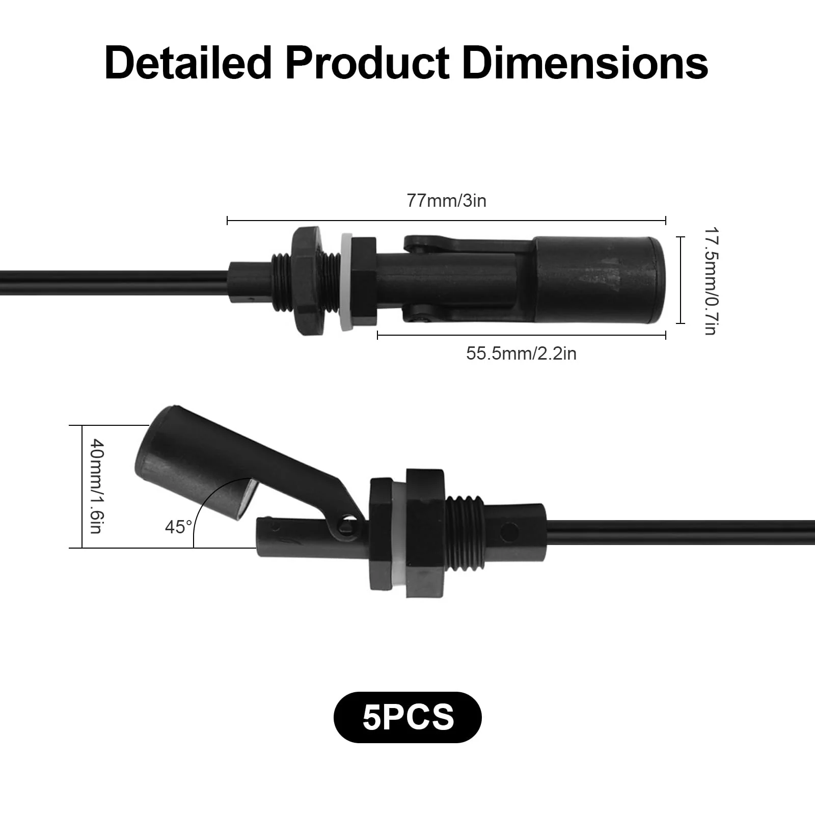 Joycabin Pack of 5 Float Switch Water Level Sensor, Float Switch, Level Switch, Side Mounted Horizontal Float Switch, Liquid Float Switch for Tank, Pool, Horizontal, Aquarium black - Image 2