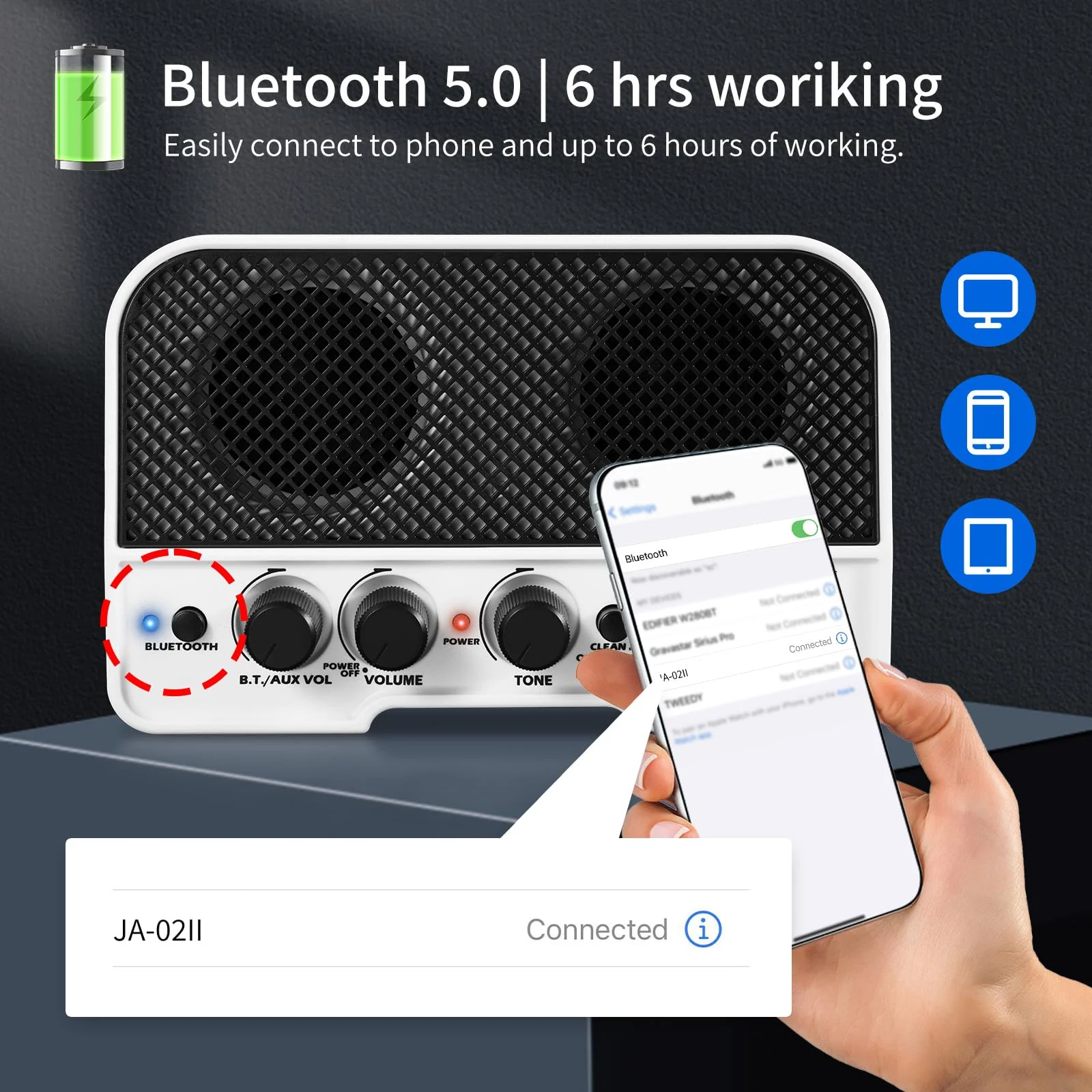 JOYO Mini Guitar Amplifier 5W Electric Guitar Amp Small Practice Amp with Bluetooth Clean & Overdrive Channels Portable Rechargeable (JA-02 II Black) - Image 4