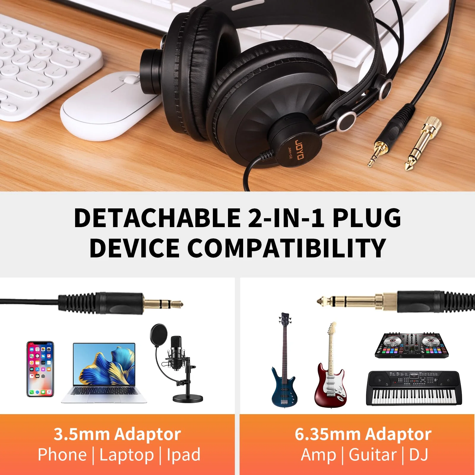 JOYO Studio Headphones Monitor Headphone for Recording Over Ear Noise Canceling for Guitar Cellphone Mixer Amplifier Podcast DJ and Keyboard Piano (JMH-02) Over-Ear Monitor Gray - Image 4