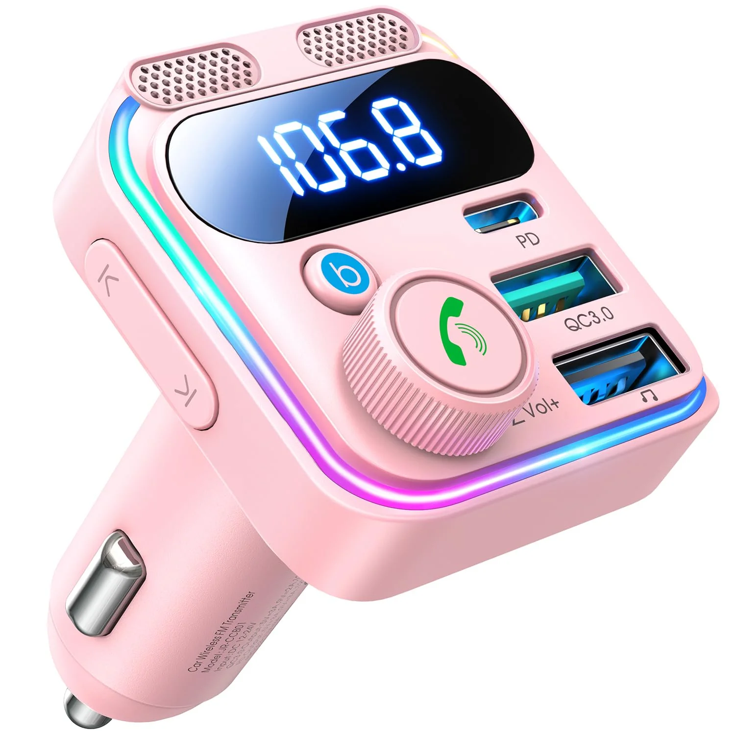 JOYROOM Bluetooth 6.0 Car Adapter FM Transmitter 81W Fast Charging Cigarette Lighter Hands-Free Calling Support USB Drive, Pink