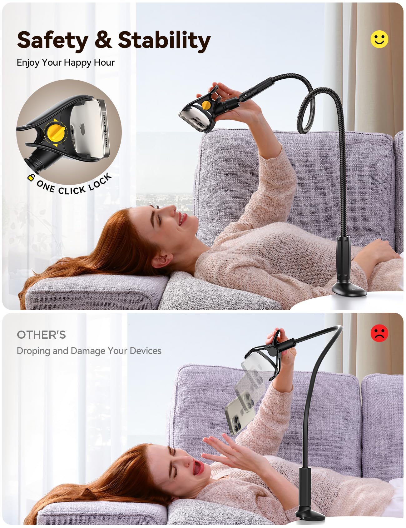 JOYROOM Gooseneck Phone Holder for Bed, [Upgrade Safety Lock] Flexible Long Arm Phone Stand, 720° Adjustable Desk Clamp Clip Phone Mount for iPhone 16 & All 4-7" Devices - Image 2