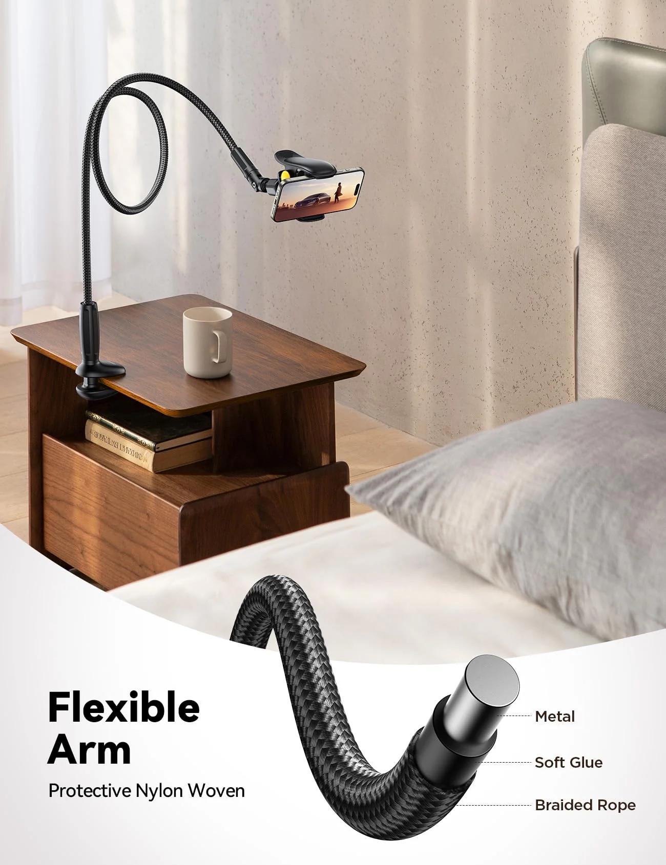 JOYROOM Gooseneck Phone Holder for Bed, [Upgrade Safety Lock] Flexible Long Arm Phone Stand, 720° Adjustable Desk Clamp Clip Phone Mount for iPhone 16 & All 4-7" Devices - Image 4